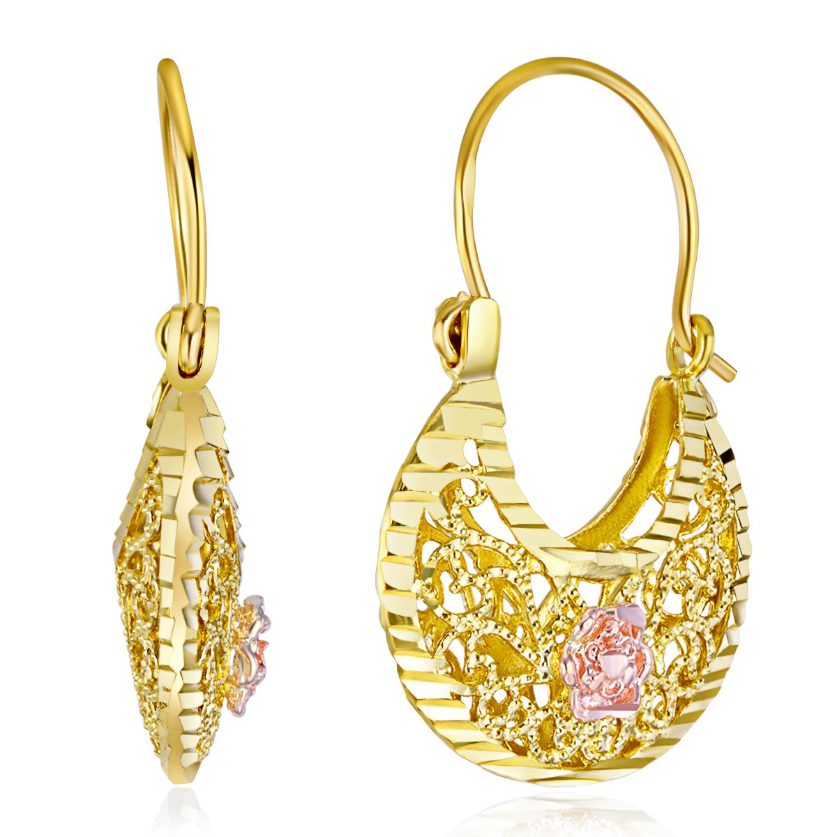 14K Real Tri-Color Gold Fancy Flower Hoop Earrings (18x24mm) - Elegant Dangle Earrings for Women, Perfect for Weddings, Parties & Everyday Wear