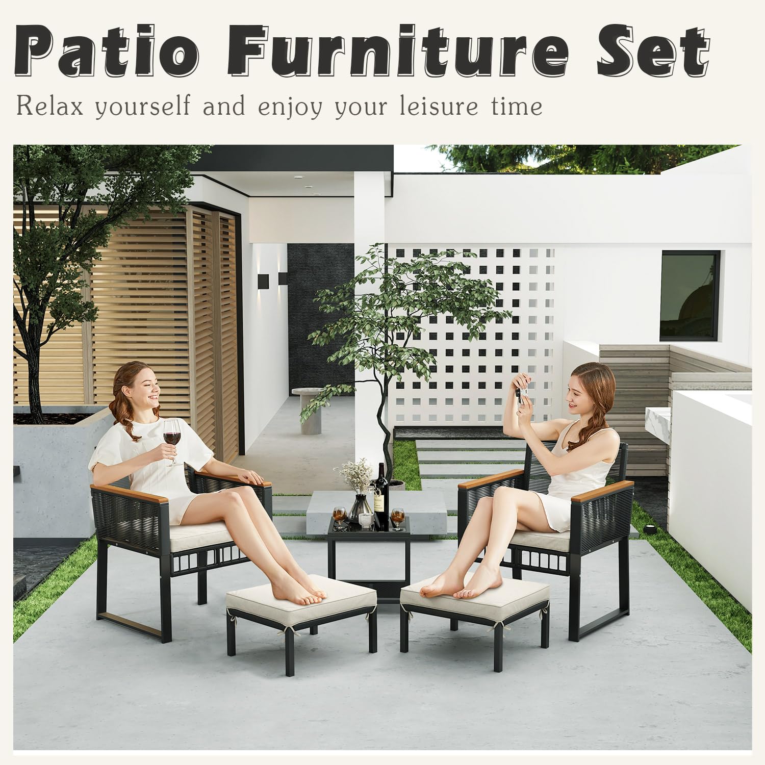 5-Piece Outdoor Patio Furniture Set with Wicker Chairs, Coffee Table & Ottoman - Durable Rattan Conversation Set for Porch, Balcony, Backyard, Poolside Relaxation | Perfect for Outdoor Entertaining & Lounging