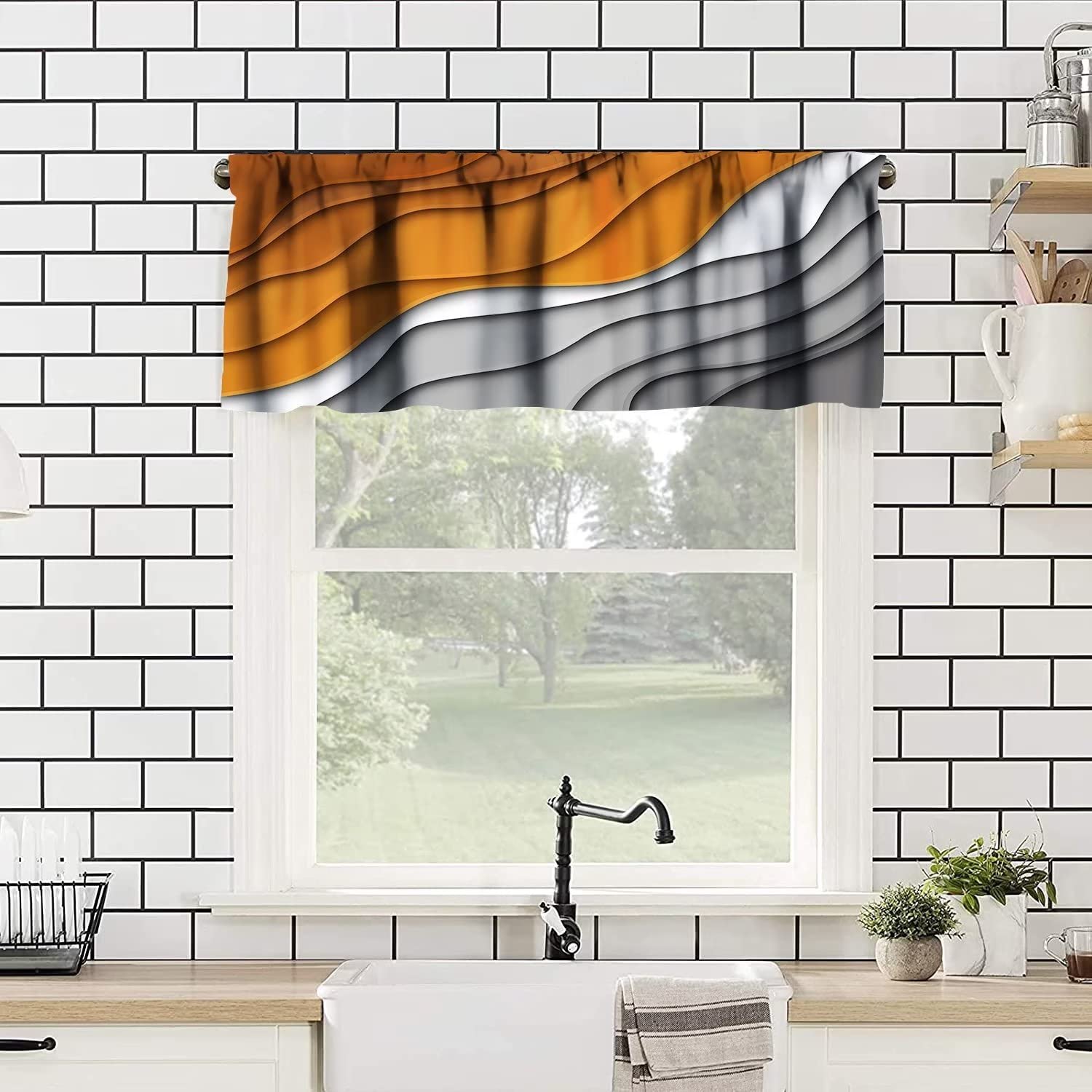 Modern Abstract Geometric Orange & Gray Window Valance - Rod Pocket Kitchen & Bedroom Curtain Panel (54