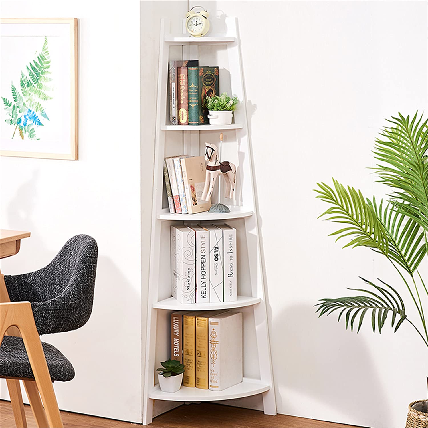 5-Tier Industrial Storage Rack - Heavy Duty Metal Corner Shelf, Ladder Bookcase & Plant Stand for Home Organization - Perfect for Living Room, Bedroom, Balcony & Garage Storage (White)