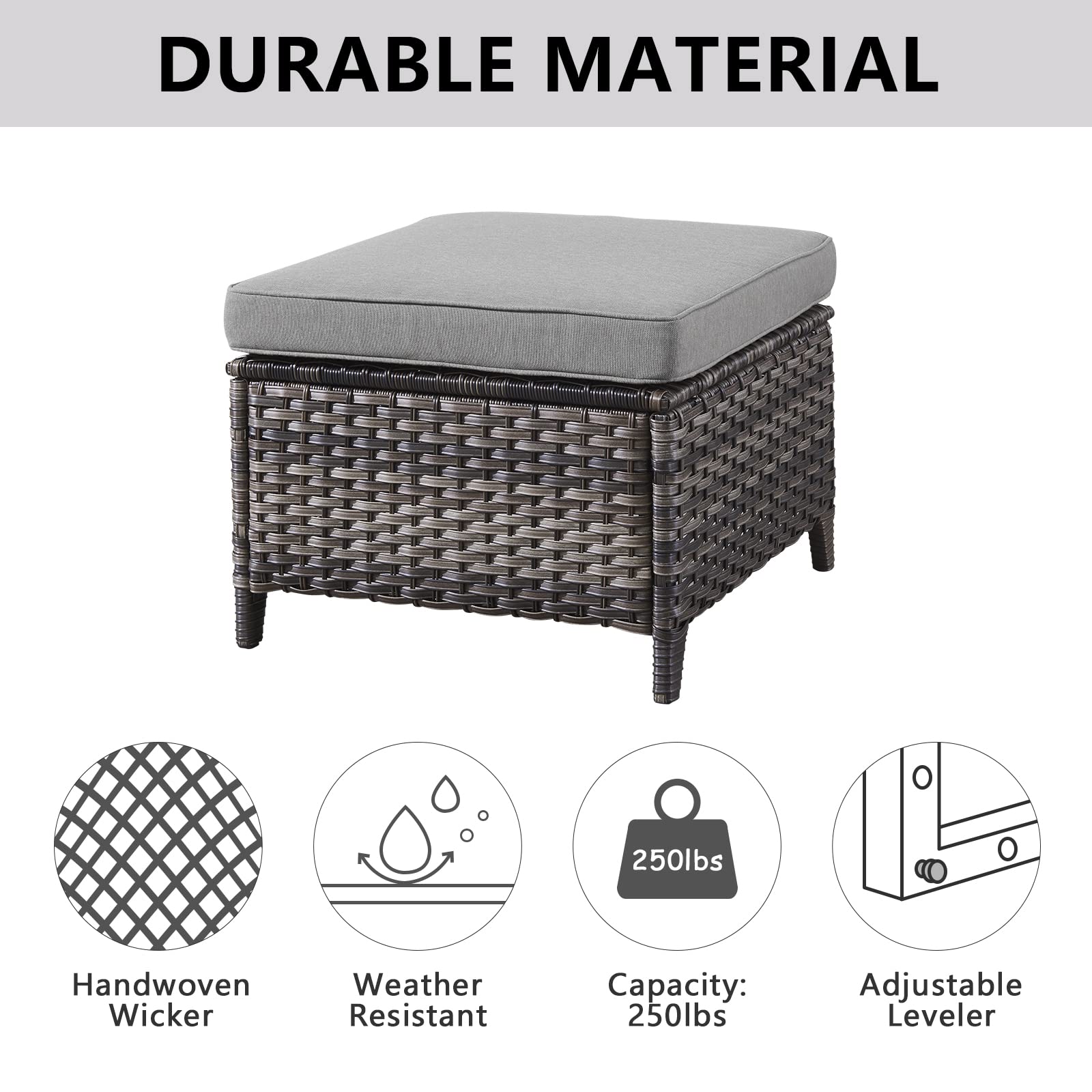 All-Weather Outdoor Patio Ottoman Set of 2 - Wicker Rattan Footstool with Soft Cushions for Garden, Deck & Poolside Relaxation