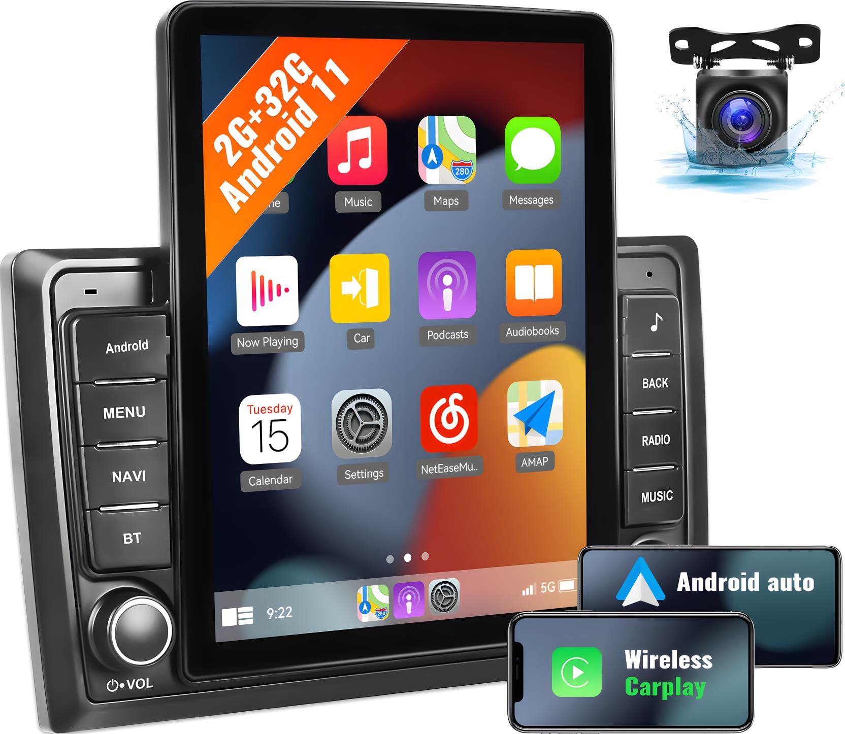 2G+32G Android 11 Double Din Car Stereo with Wireless CarPlay & Android Auto - 9.5 Inch Tesla Style Touchscreen GPS Navigation, WiFi, FM/RDS, Bluetooth, Dual USB - HiFi Sound & AHD Backup Camera for Seamless Driving & Parking Assistance