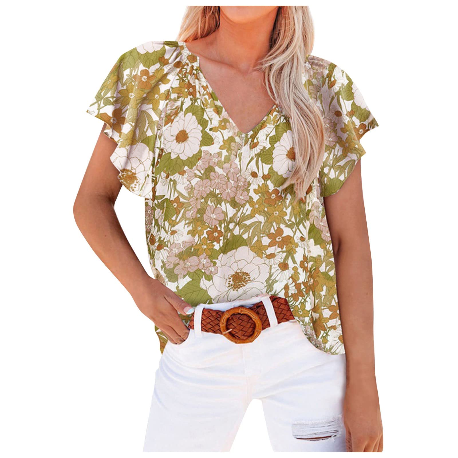 Women's Casual Floral Print V-Neck Slim Blouse with Ruffle Short Sleeves - Comfortable & Stylish Tops for Work, Date, or Everyday Wear