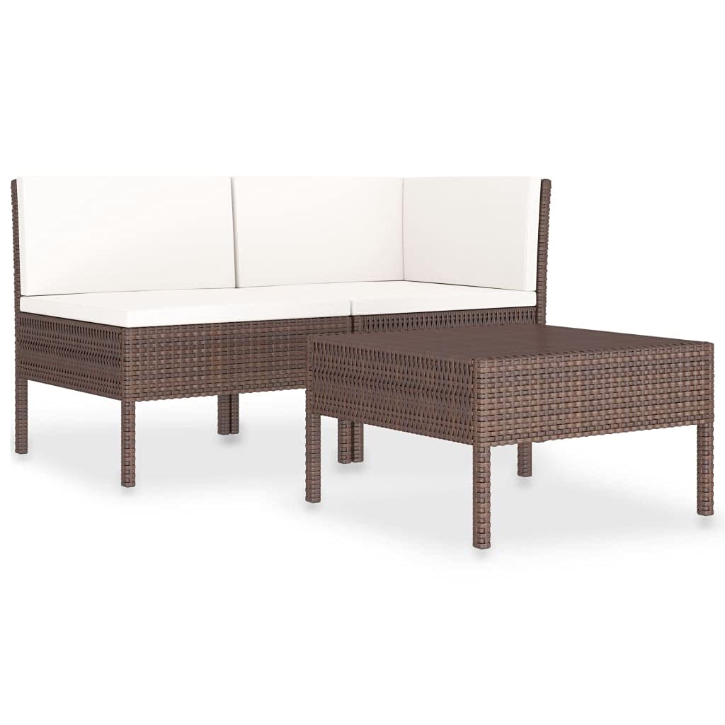 3-Piece Brown Poly Rattan Garden Lounge Set with Cushions - Outdoor Patio Furniture Sectional Sofa, Loveseat & Coffee Table - Perfect for Backyard, Poolside & Garden Relaxation