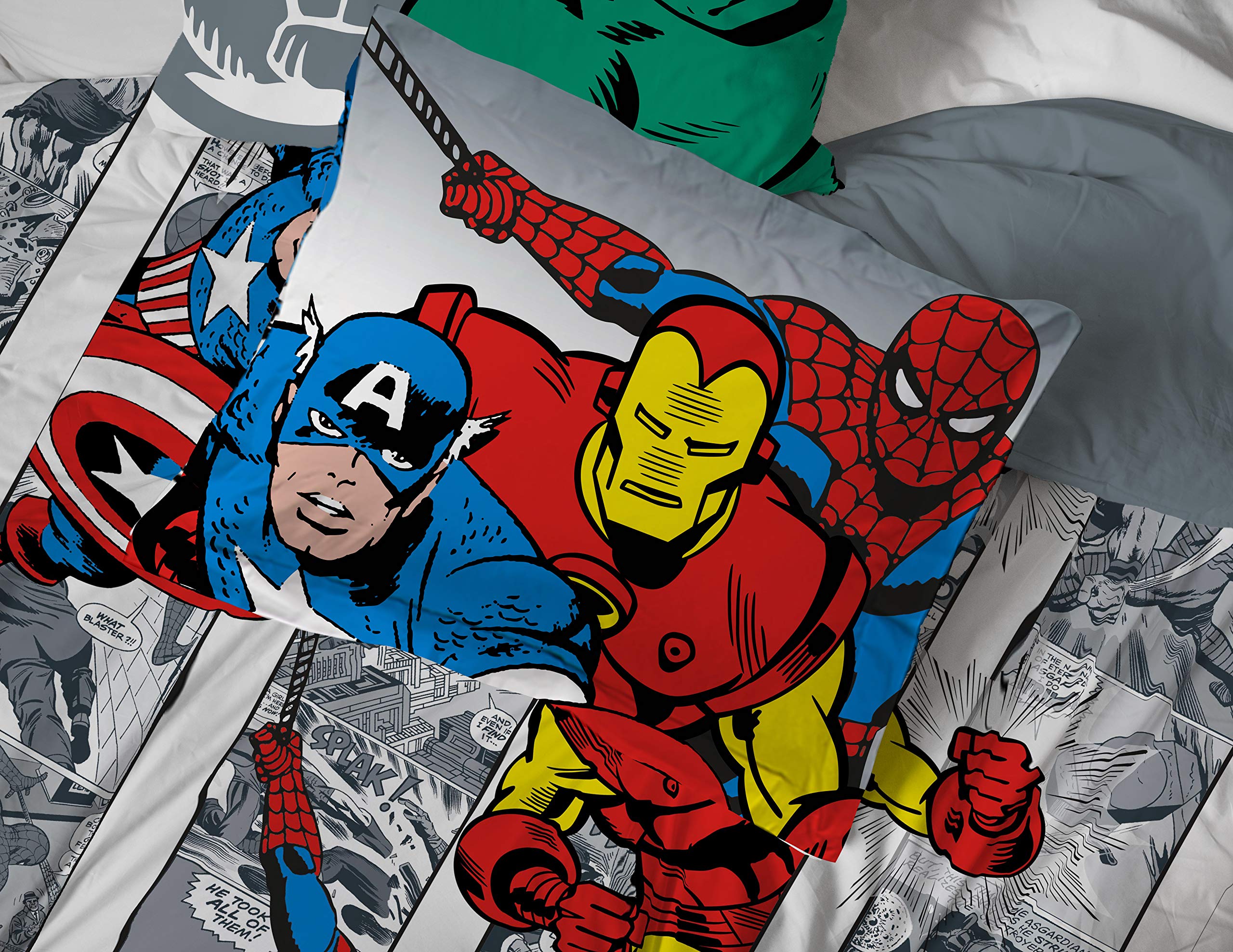 Marvel Avengers Comic 5-Piece Twin Bedding Set - Super Soft Comforter & Sheet Set with Captain America, Spiderman, Iron Man, Hulk & Thor - Perfect for Kids' Bedrooms, Dorm Rooms & Superhero Themed Decor