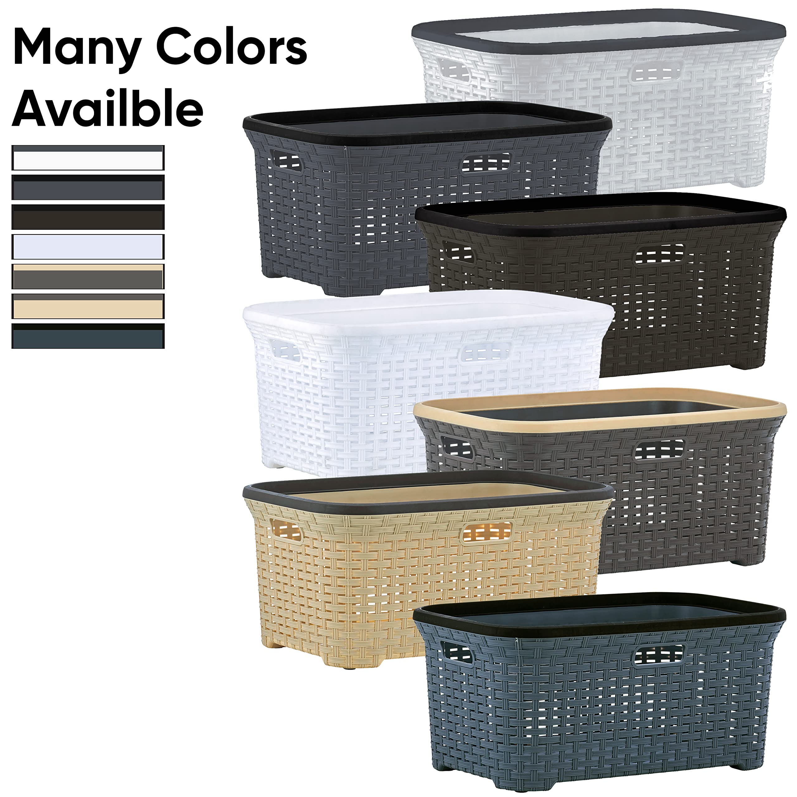 Plastic Laundry Basket with Cut-Out Handles - 50L White Wicker Design Storage Hamper for Clothes Organization | Space-Saving for Laundry Room, Bedroom & Bathroom | Perfect for Home, Dorm, and Apartment Use