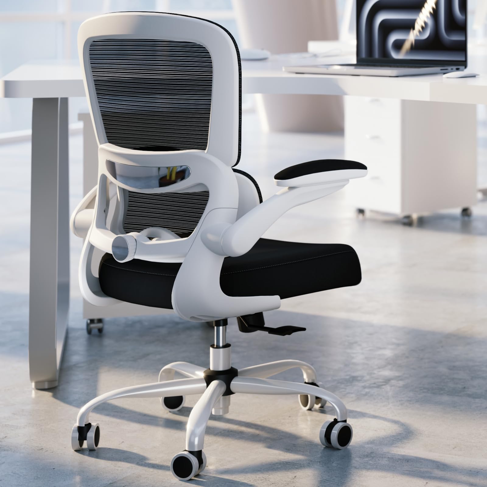 Ergonomic Mesh Office Chair with Wheels - Adjustable Height Swivel Task Chair for Home & Office Workspace (Black/White) - Perfect for Long Hours Sitting, Computer Work & Video Conferencing