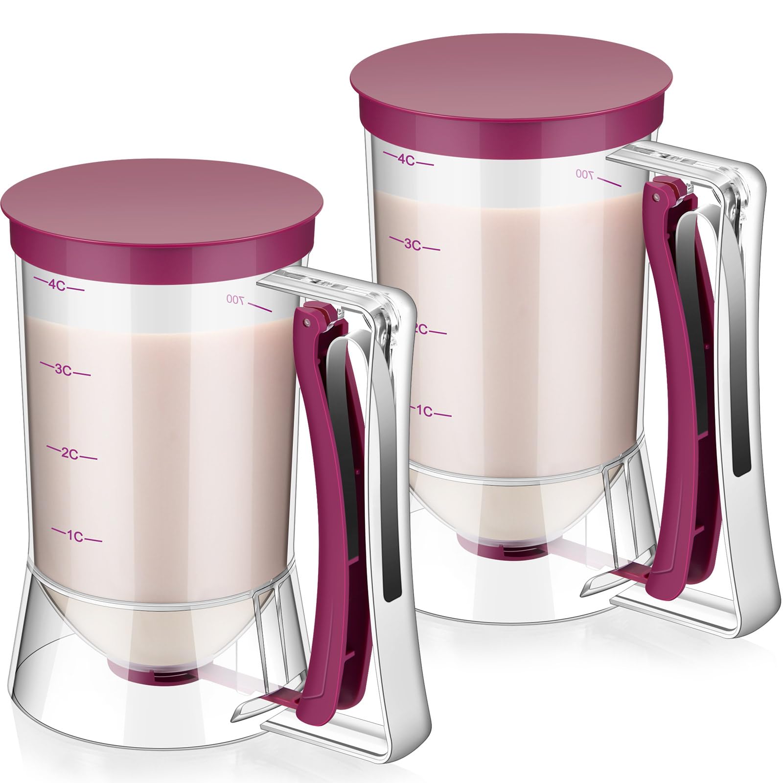 2-Pack Purple Pancake & Cupcake Batter Dispenser with Squeeze Handle - 4-Cup Measuring Griddle Mix Dispenser for Perfect Cookies, Cakes & Waffles | Ideal for Breakfast, Baking Parties & Family Cooking