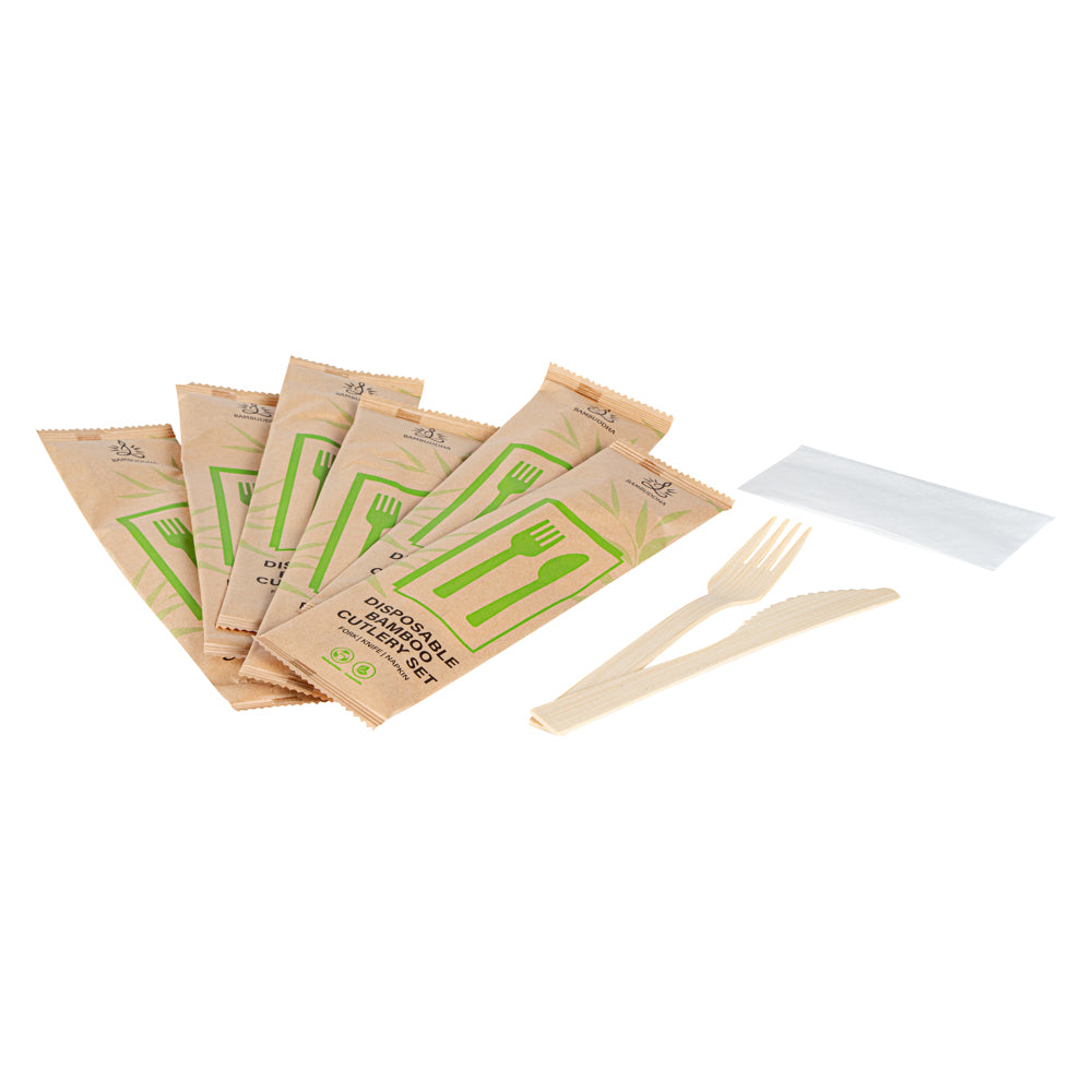 Eco-Friendly Bamboo Disposable Cutlery Set - 100-Piece Fork & Knife Combo with White Napkins & Kraft Paper Pouch | Biodegradable Picnic, Party, Camping & Travel Utensils