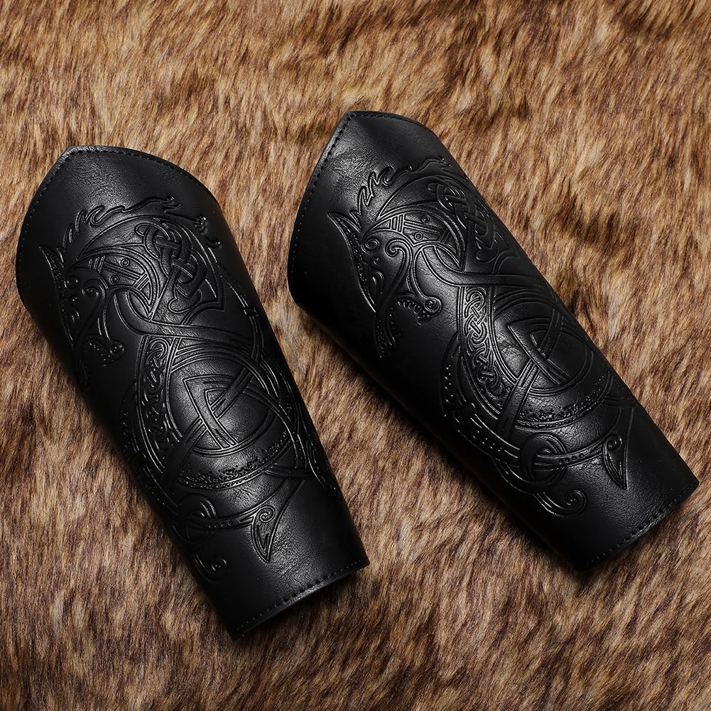 Medieval Leather Bracers - Dragon Embossed Viking Armor Cuffs for LARP, Cosplay & Renaissance Fairs | Authentic Leather Gauntlets for Historical Reenactment & Costume Accessories