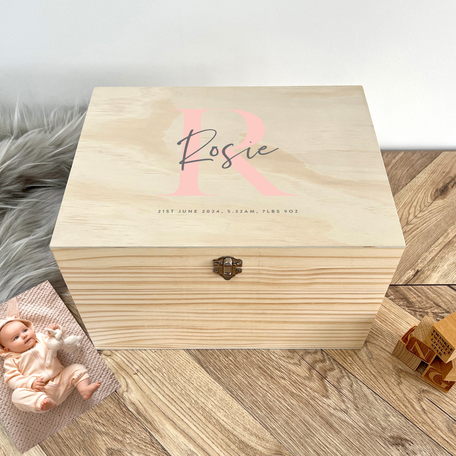 Personalized Baby Keepsake Box with Name & Initial - 5 Sizes (16cm, 20cm, 26cm, 30cm, 36cm) - Custom Newborn Gift, Nursery Decor, Memory Box for First Photos & Milestones