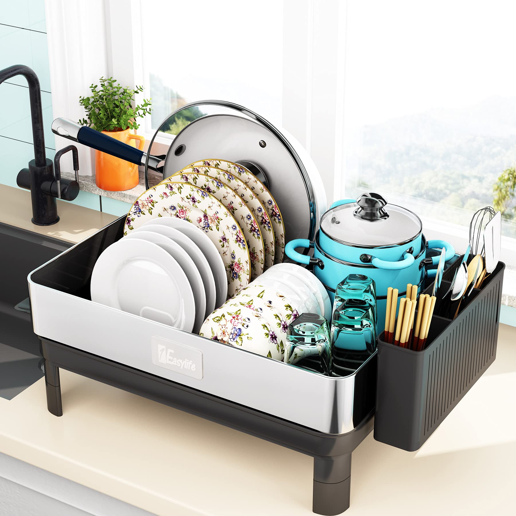 1Easylife Large Stainless Steel Dish Drying Rack with Drainboard - Fingerprint-Proof 304 Stainless Steel, Swivel Spout & Utensil Holder - Space-Saving Kitchen Counter Organizer for Dishes, Cups & Cookware Storage