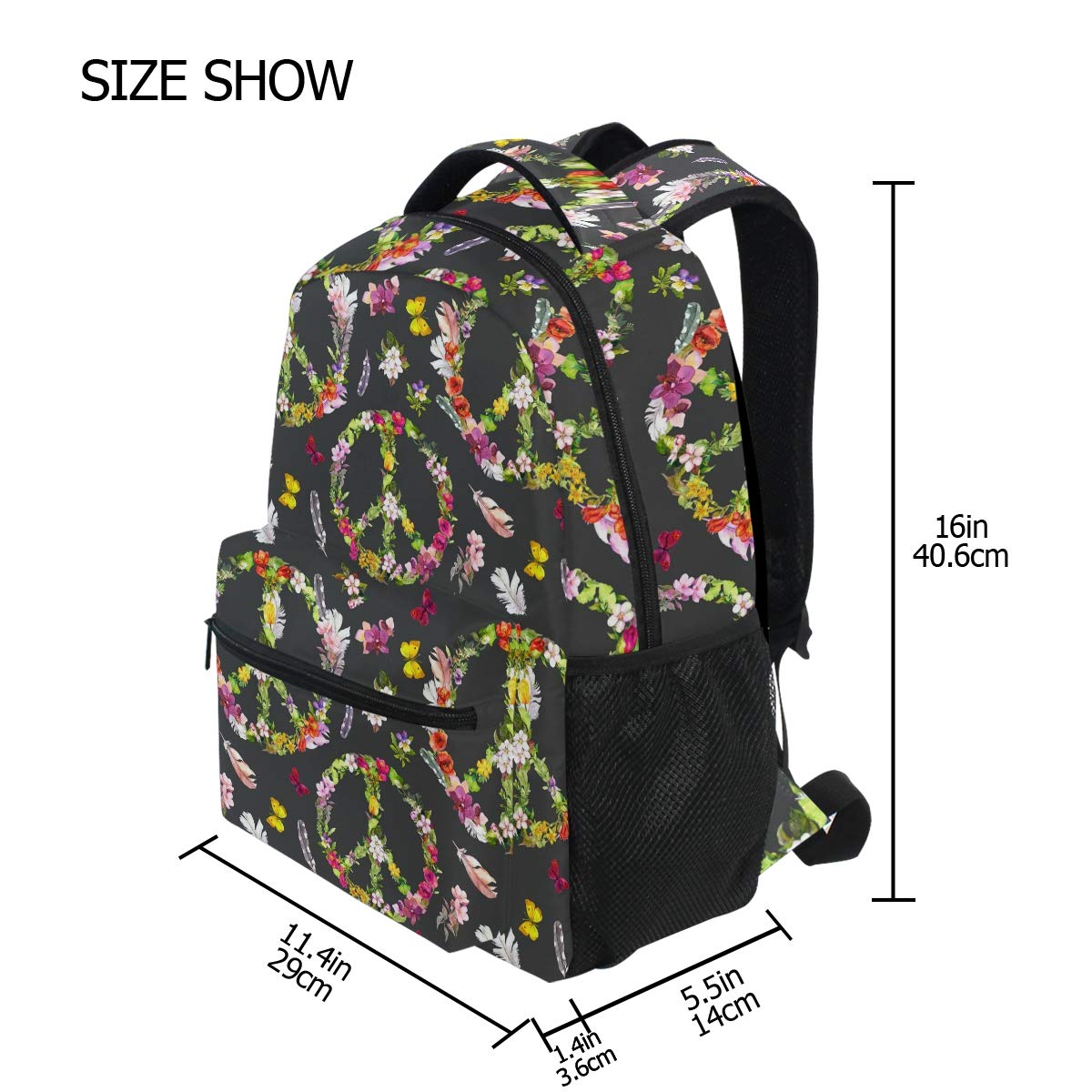 ALAZA Hippie Peace Sign Floral Butterfly Feather Large Backpack - 17 Inch Laptop Backpack with Multiple Pockets for Women, Travel, School & Work | Waterproof College Bookbag for iPad Tablet & Essentials
