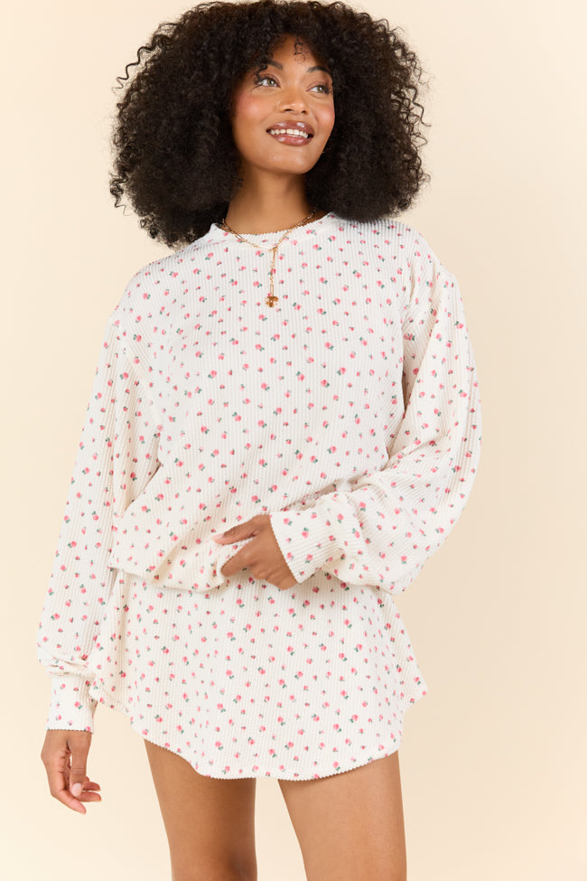 Just Focus Ivory Florette Long Sleeve Blouse for Women - Elegant Floral Print Shirt for Office, Date Night & Special Occasions