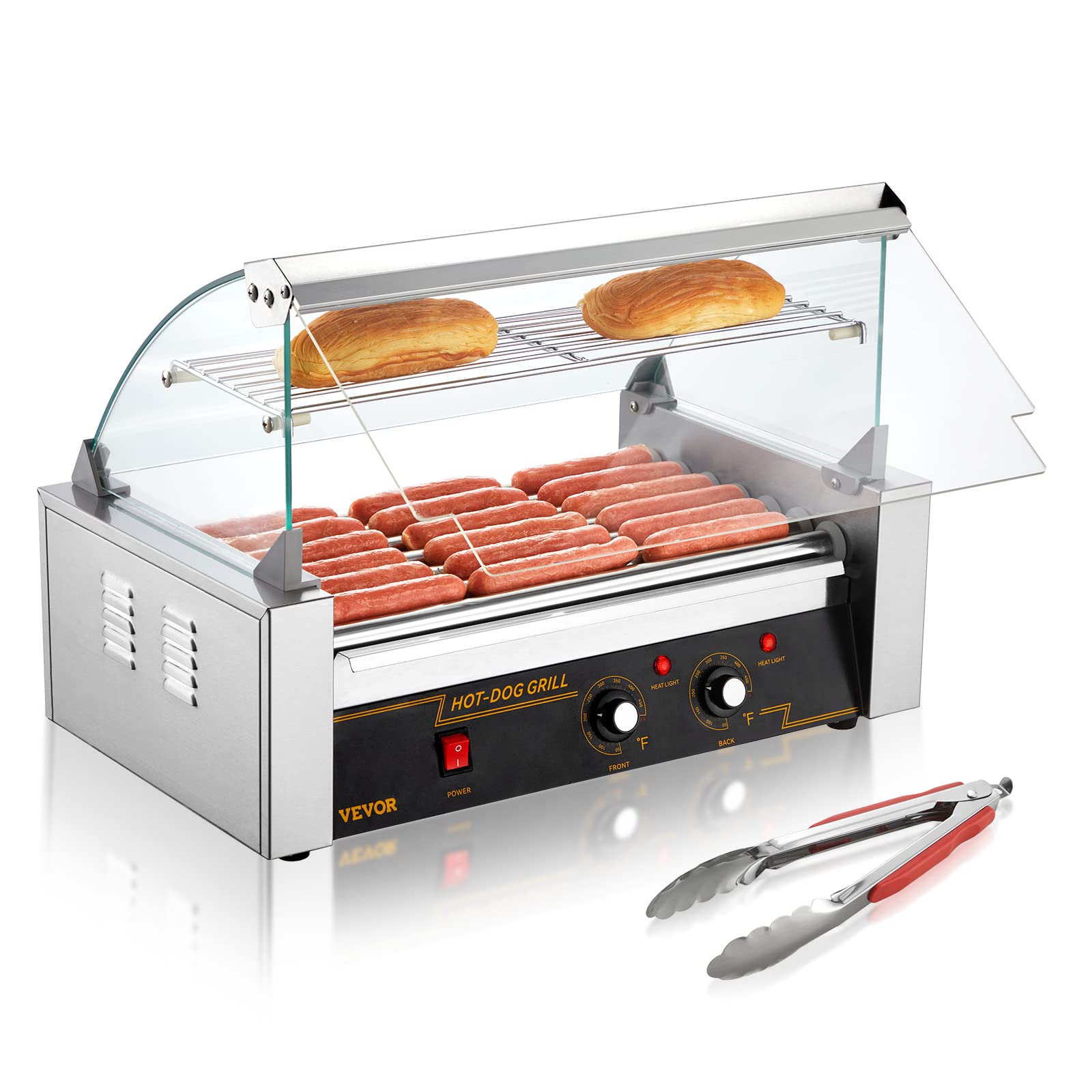 VEVOR Commercial Hot Dog Roller Machine - 7 Stainless Steel Rollers, 18 Hot Dogs Capacity, 1050W, Dual Temperature Control, Glass Hood & Acrylic Cover, Bun Warmer Shelf, Removable Oil Drip Tray - ETL Certified for Restaurants, Food Trucks & Concession Stands