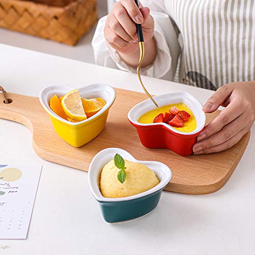 Heart-Shaped Porcelain Ramekin Bowls - Set of 4 (Red/Green/Blue/Pink/Yellow) for Soufflé, Crème Brûlée & Baking | Elegant Colias Wing Design for Desserts, Snacks & Party Serving