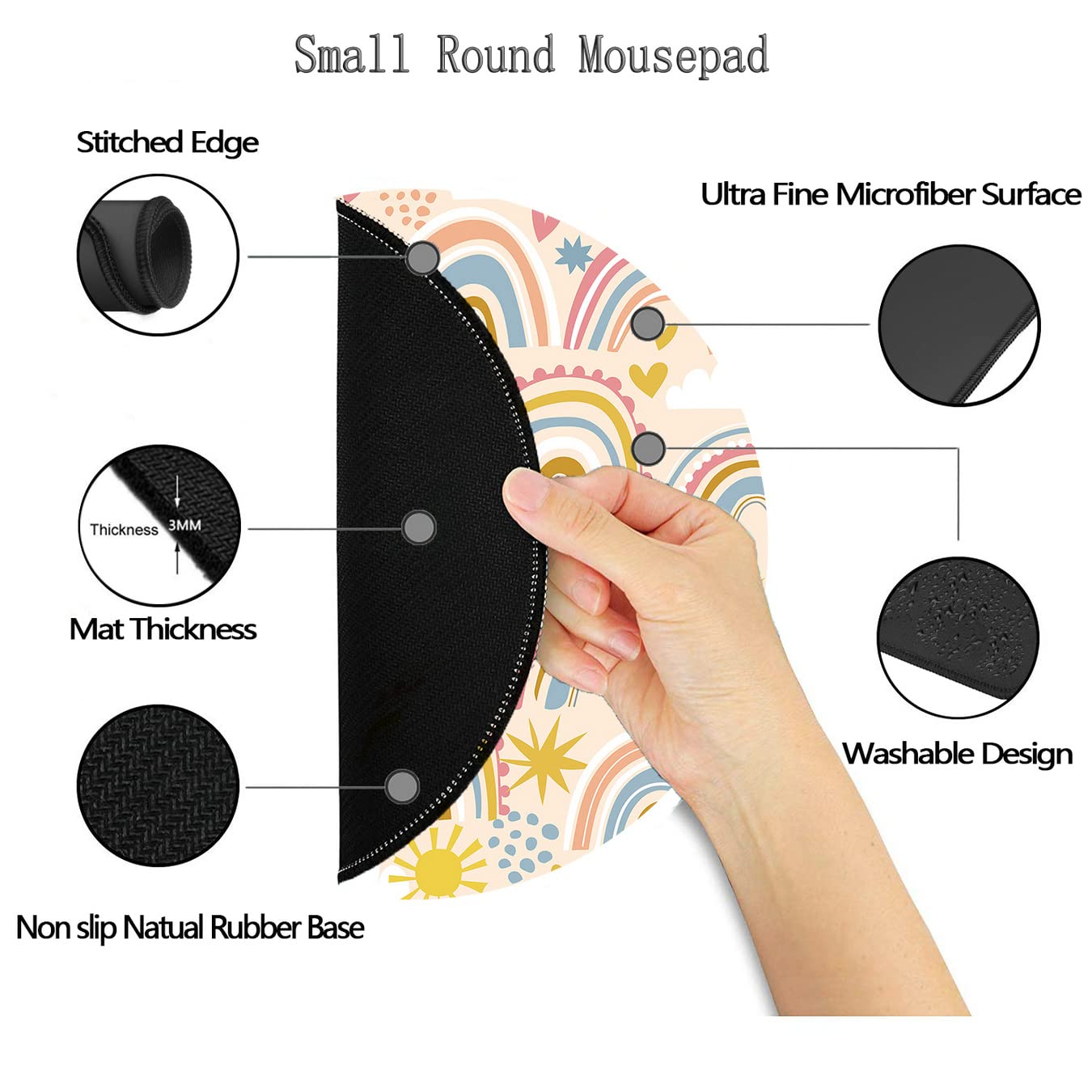 Premium Round Gaming Mouse Pad - Non-Slip Rubber Base with Stitched Edge (7.9 x 7.9 Inch) for Laptop & PC - Rainbow Adorable Design - Perfect for Office Work, Gaming & Home Use