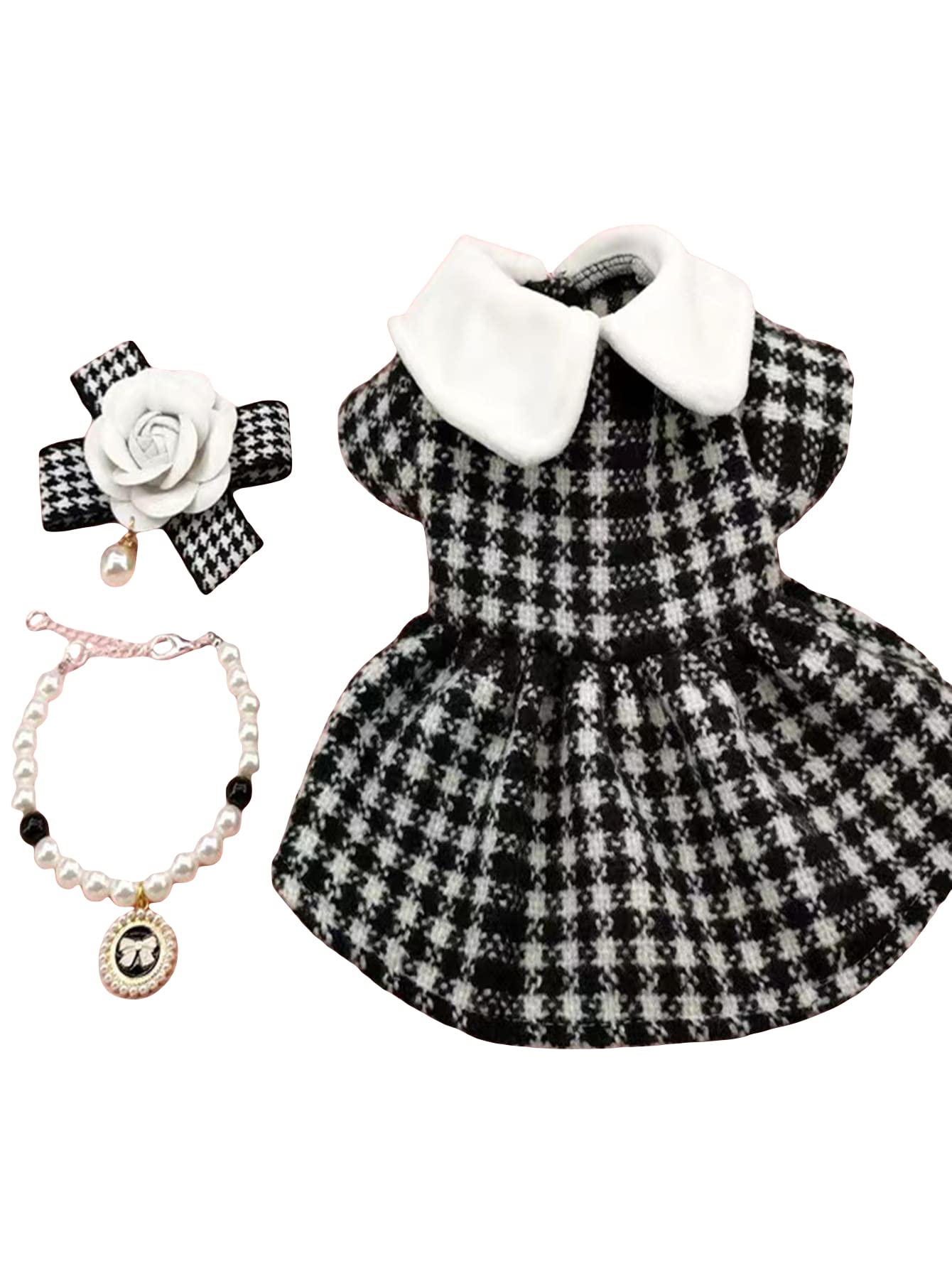 QWINEE 3-Piece Dog Dress Set - Geometric Princess Dress with Flower Bow & Pearl Necklace for Small Medium Dogs - Perfect for Birthday Parties, Photo Shoots & Special Occasions