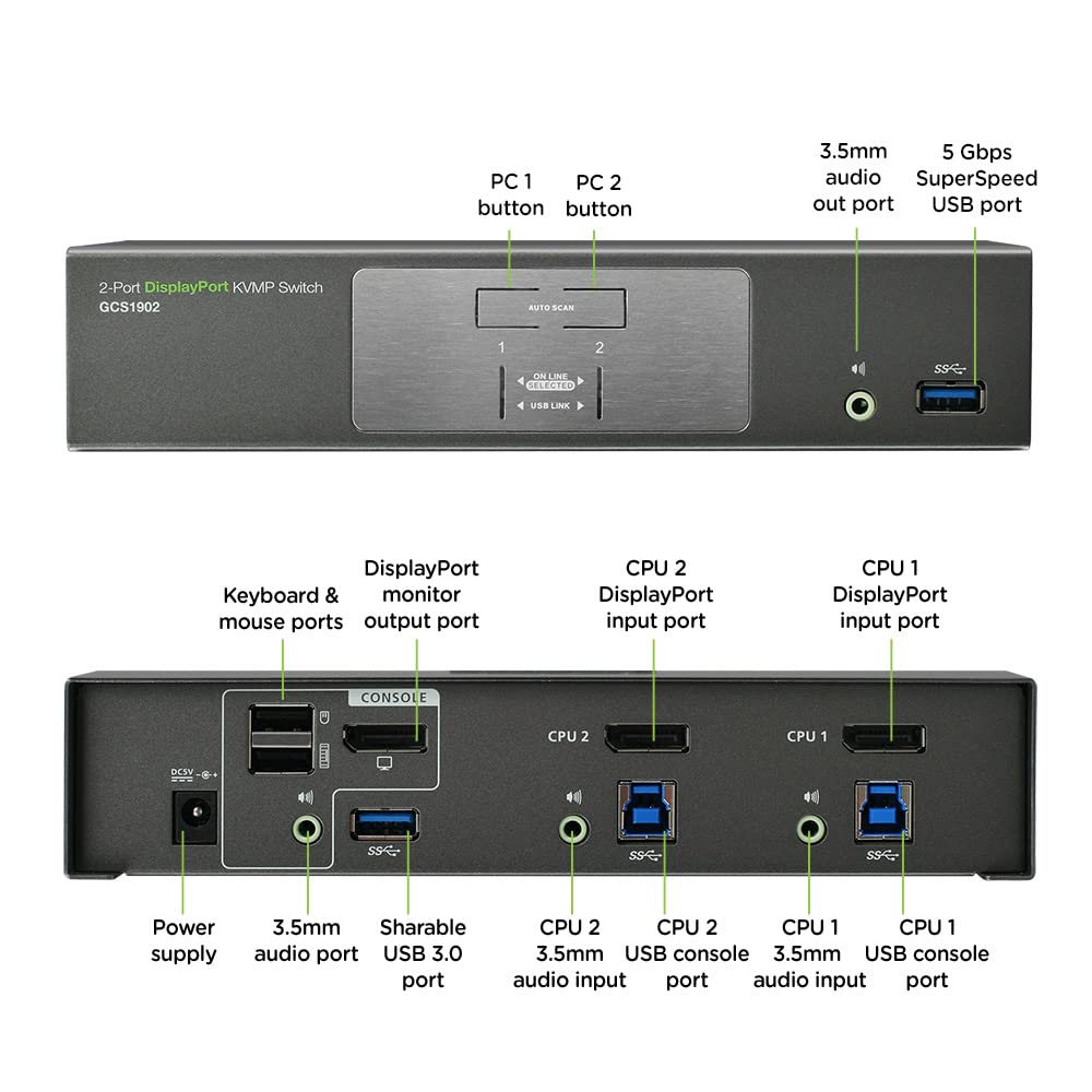 IOGEAR 2-Port 4K UHD DisplayPort KVMP Switch with USB 3.0 Hub - Black | Push Button Control | ON-NONE-ON Mode | Perfect for Multi-Computer Workstations & Home Office Setups