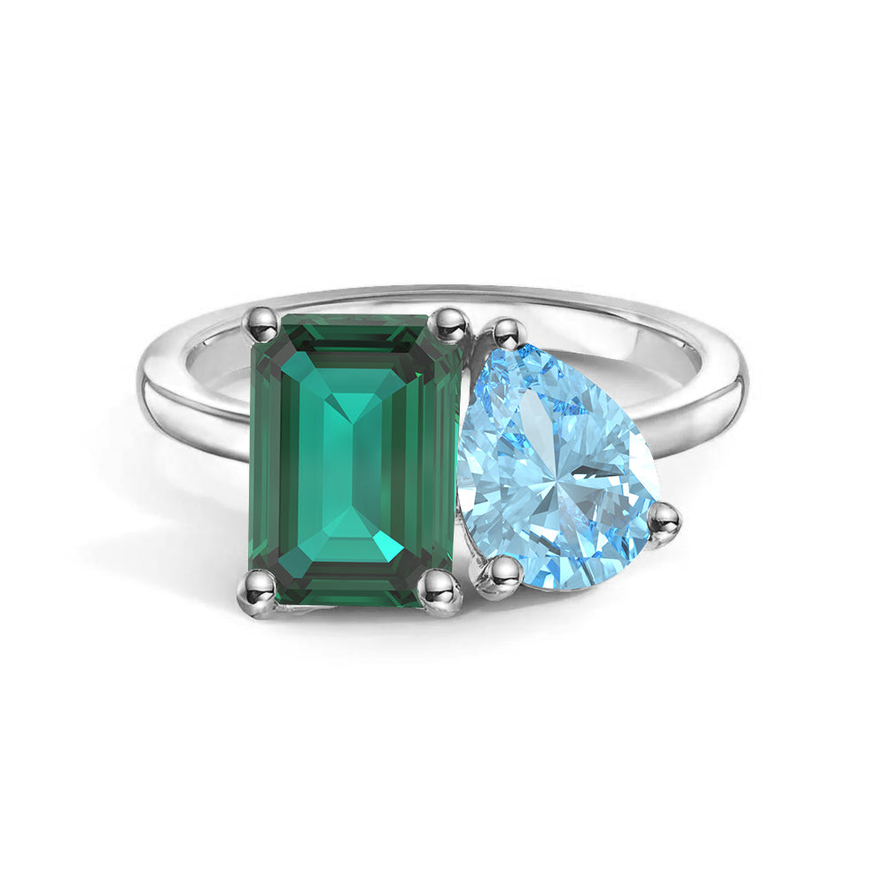 Toi et Moi Personalized Emerald Birthstone Ring - Custom Anniversary Jewelry for Couples, Women's Birthstone Engagement Ring - Perfect for Valentine's Day, Wedding Proposal & Romantic Gifts