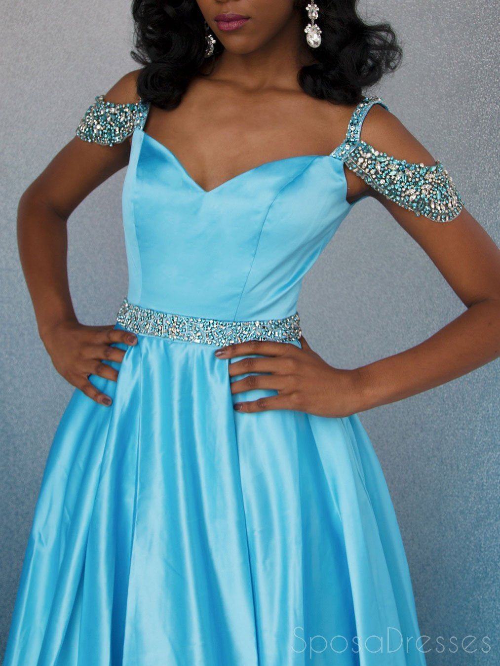 Elegant Off Shoulder Blue Beaded A-Line Evening Prom Dress for Sweet 16 | Formal Gown with Sparkling Details | Perfect for Homecoming, Prom Night & Special Occasions
