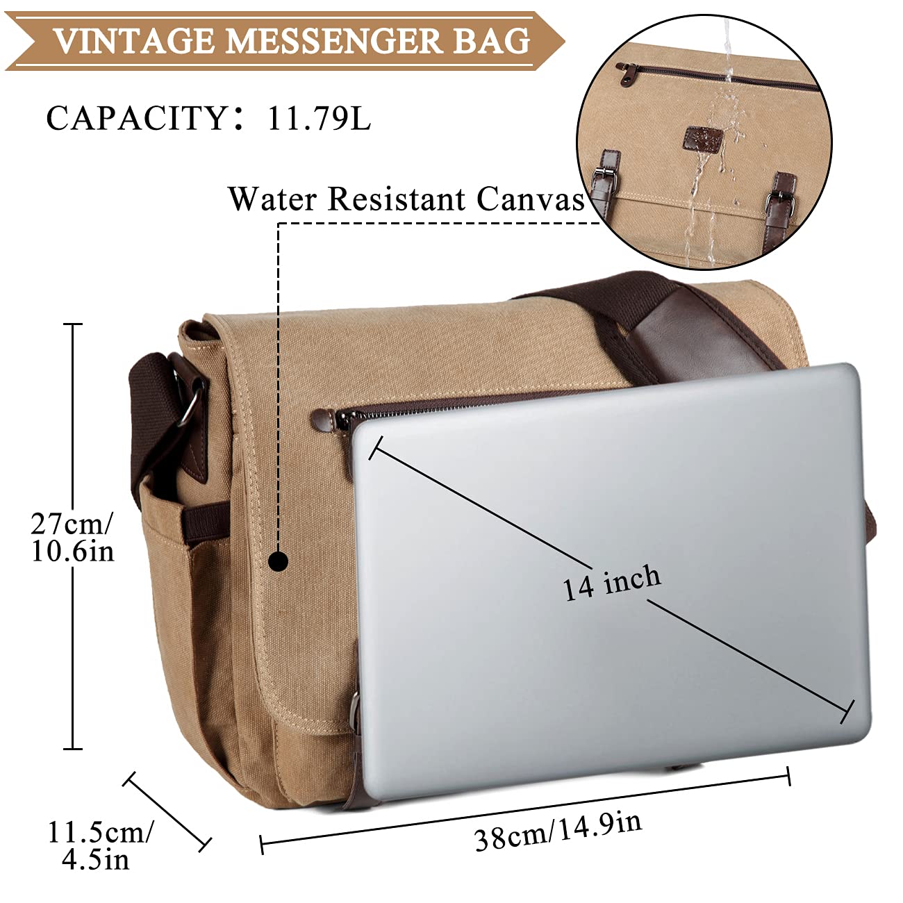 Kasqo Water Resistant Canvas Messenger Bag for Men - Durable 14