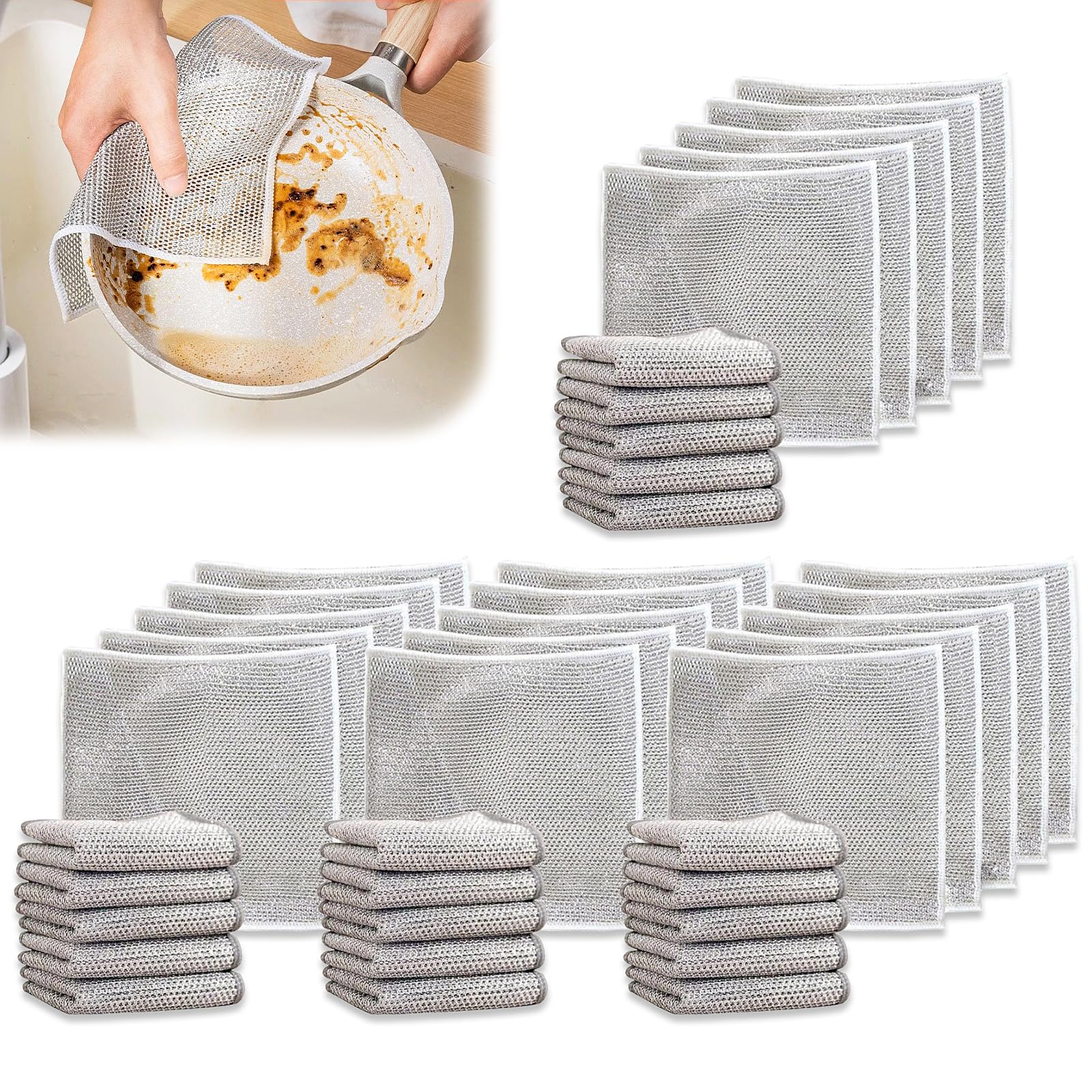 20 Pack Silver Wire Mesh Dish Cloths - Non-Scratch Cleaning Rags for Dishes, Sinks, Countertops & Stove Tops | Durable, Easy Rinse & Machine Washable | Perfect for Kitchen Cleaning & Household Chores