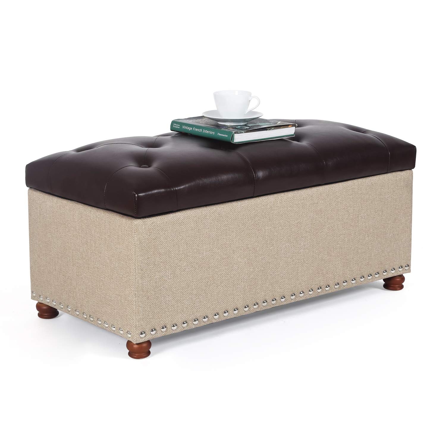 Homebeez Faux Leather Storage Ottoman Bench - Button Tufted Footrest Stool with Removable Lid (Beige/Dark Brown) | Multi-Functional Seat, Foot Rest & Living Room Storage Solution