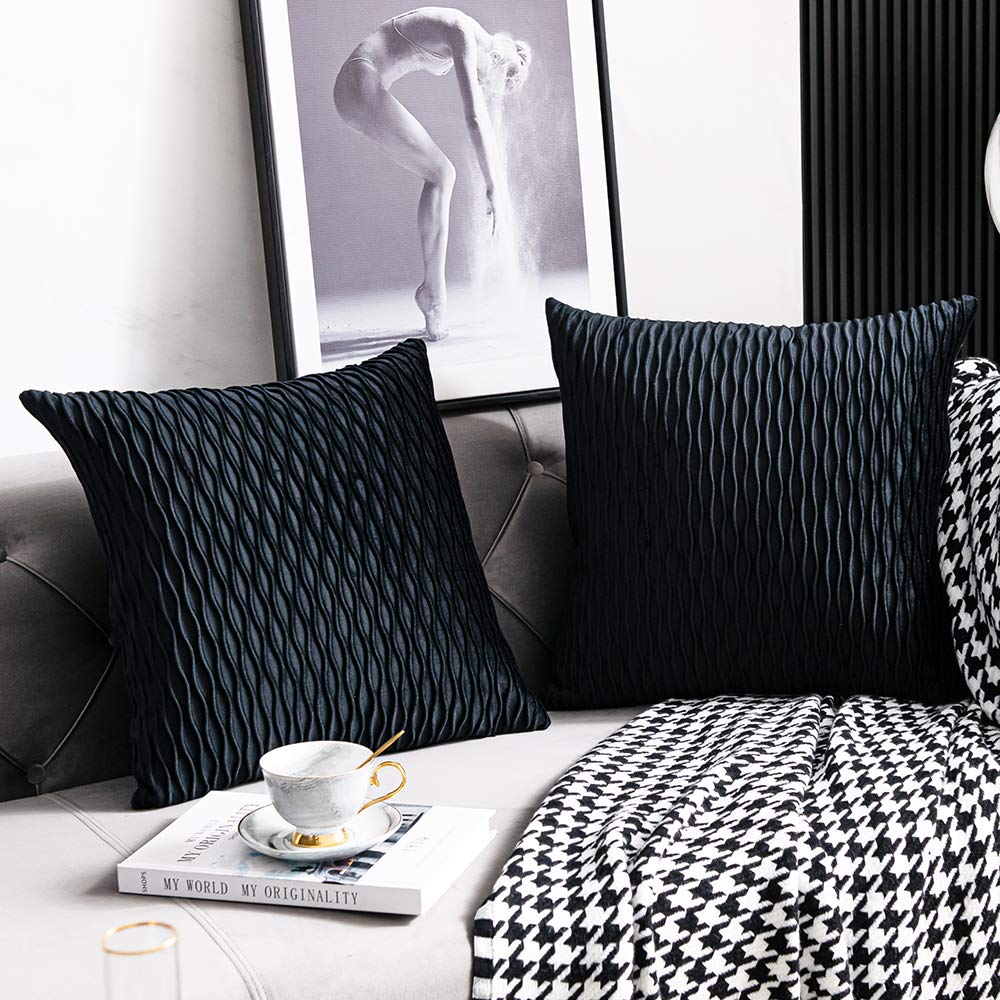 DEZENE Black Striped Velvet Pillow Covers - 2 Pack 20x20 Inch Square Throw Pillow Cases for Sofa, Couch, Bed - Farmhouse & Boho Home Decor for Living Room, Bedroom