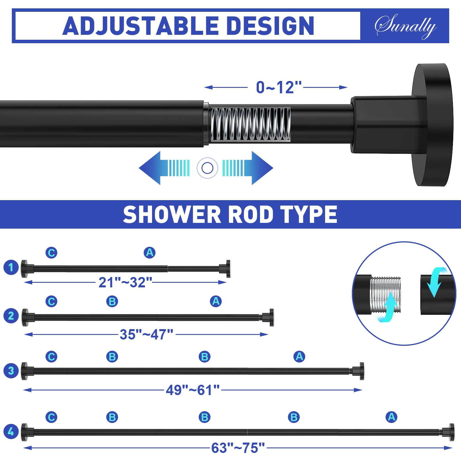 No-Drill Adjustable Shower Curtain Rod 32-75 Inch, Rust-Resistant Stainless Steel Telescoping Tension Rod for Bathroom - Non-Slip, Black - Perfect for Apartments, Dorms & Small Bathrooms