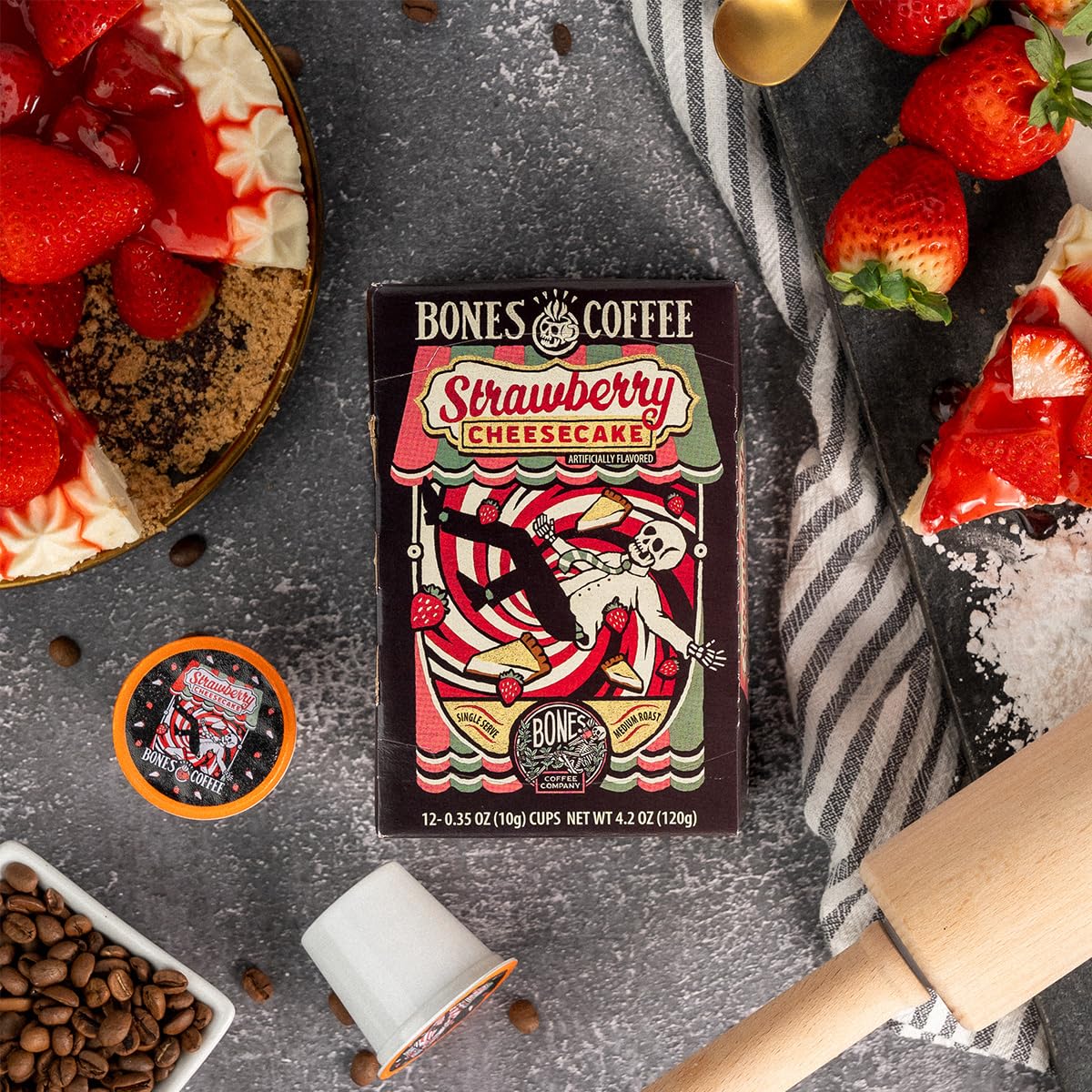 Bones Coffee Company Strawberry Cheesecake Flavored Coffee Pods - 12 Count, Compatible with Keurig 1.0 & 2.0 Brewers - Perfect for Breakfast, Dessert or Office Break