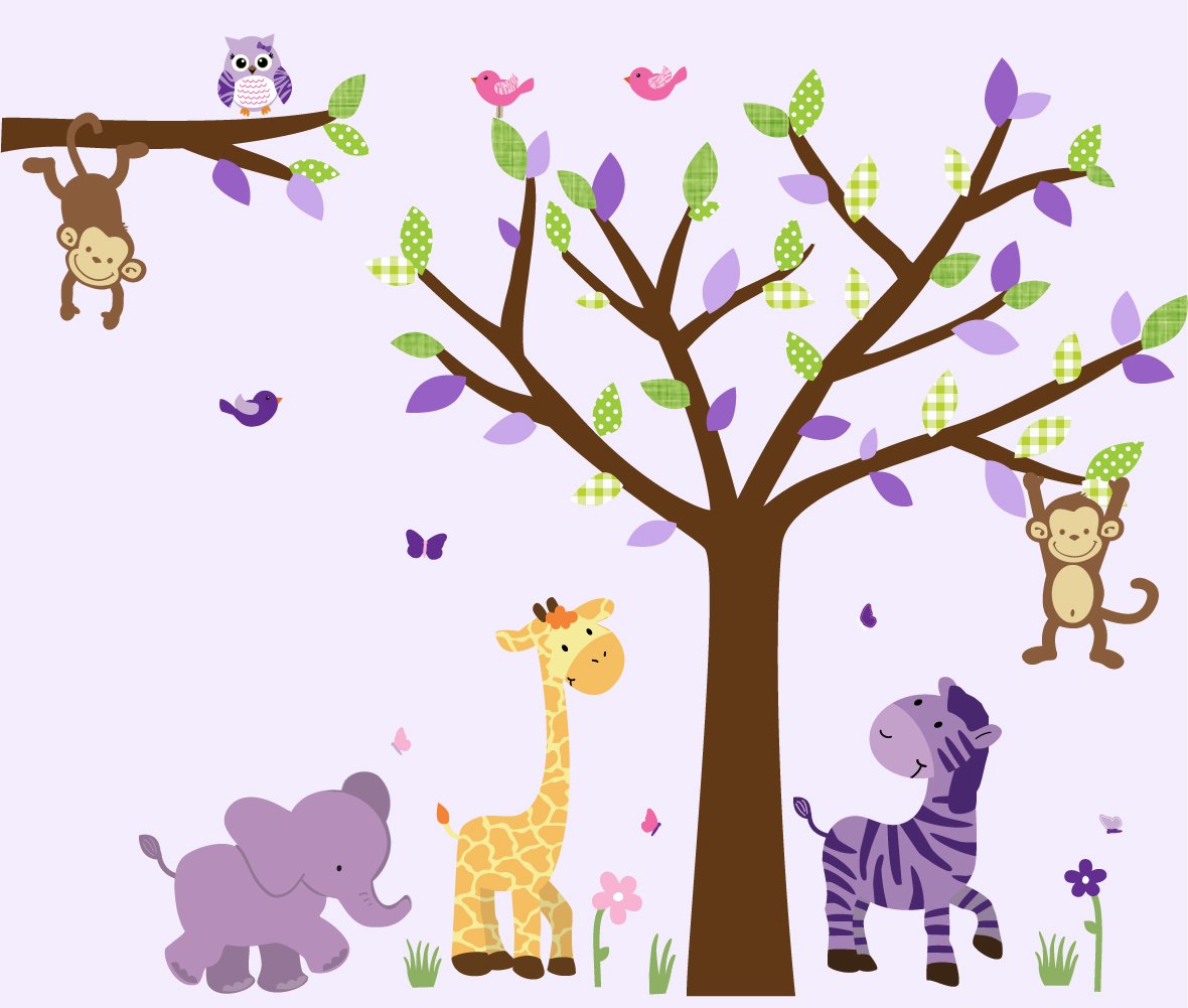 Wild About Purple Safari Wall Decal Set - Jungle Animal Tree Owl & Monkey Wall Stickers for Kids Room, Nursery, or Classroom Decor - Perfect for Jungle Themed Parties & Wildlife Enthusiasts