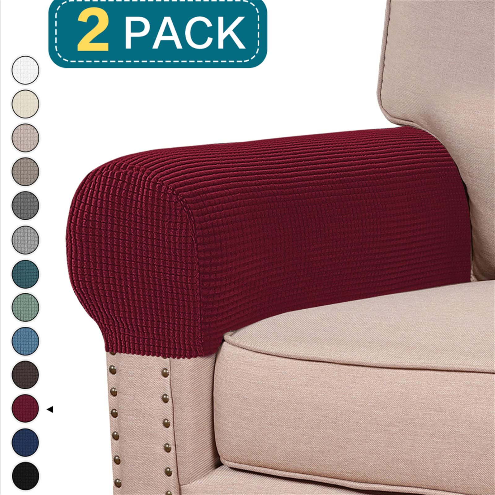 Stretch Spandex Armrest Covers for Chairs, Sofas & Recliners - 2 Pack Burgundy Slipcovers - Perfect for Living Room, Office & Home Theater Furniture Protection