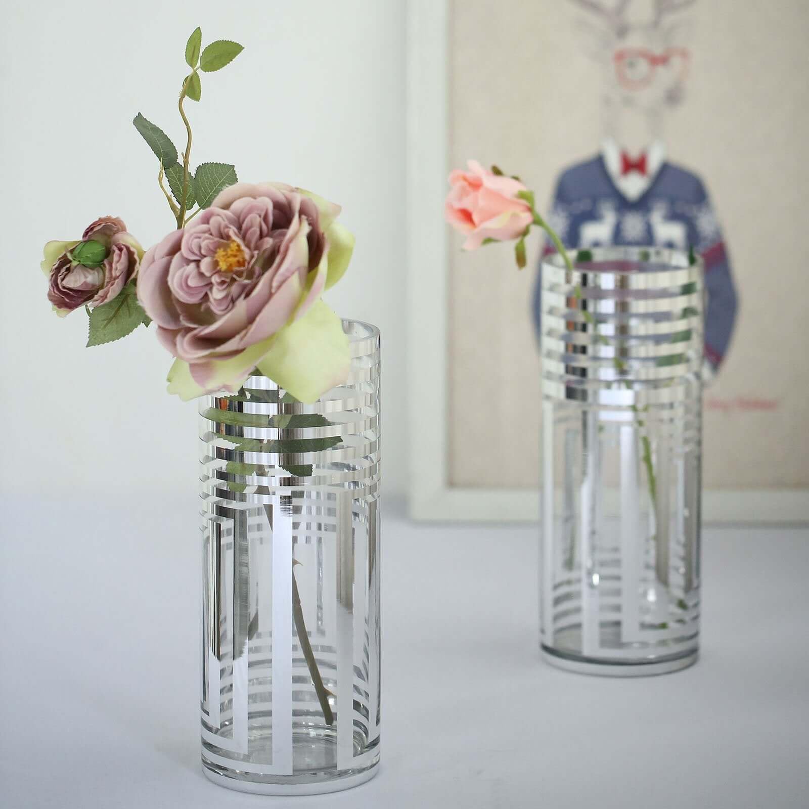 Efavormart 2 Pack 12 Inch Silver Striped Cylinder Glass Vases for Wedding Centerpieces, Floral Arrangements, Home Decor and Party Decorations