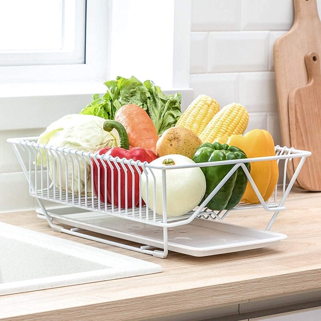 Stainless Steel Dish Drying Rack with Drain Board - Kitchen Counter Plate Rack & Utensil Holder Set for Dishes, Pans, Cups (White) - Perfect for Small Spaces, Apartments, and Organized Kitchen Countertops