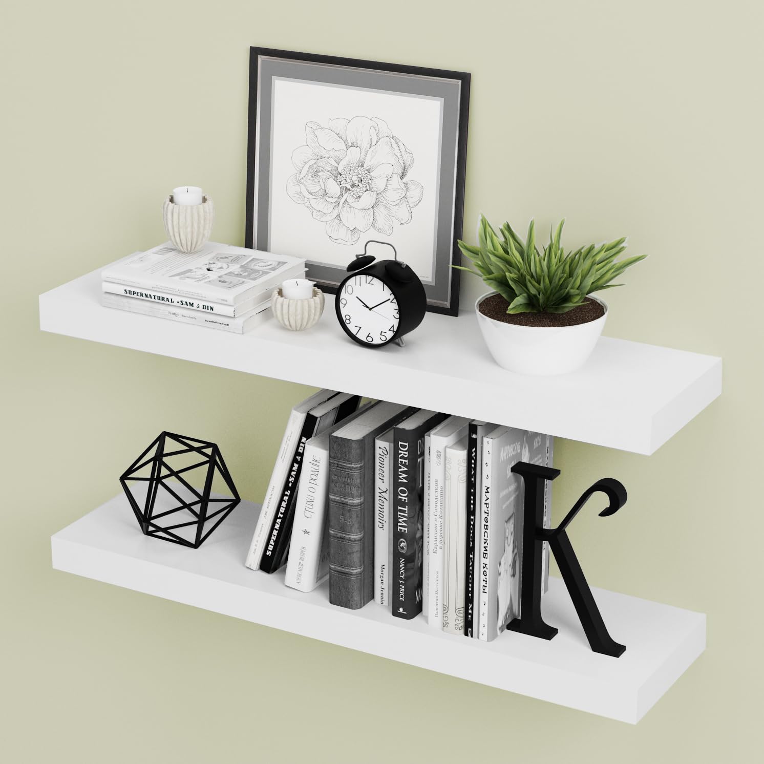 RANK Floating Shelves 2 Pack - Modern Wall Mounted Display Shelves for Home Decor - White Wooden Shelves (35.5