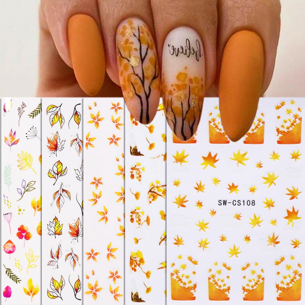 **Fall Nail Stickers - 8 Sheets Autumn Nail Decals with 3D Self-Adhesive Maple Leaf, Ginkgo & Gold Yellow Leaves - Acrylic Nail Art Designs for Women, Girls & Kids - Perfect for Thanksgiving, Halloween & Seasonal Manicures**