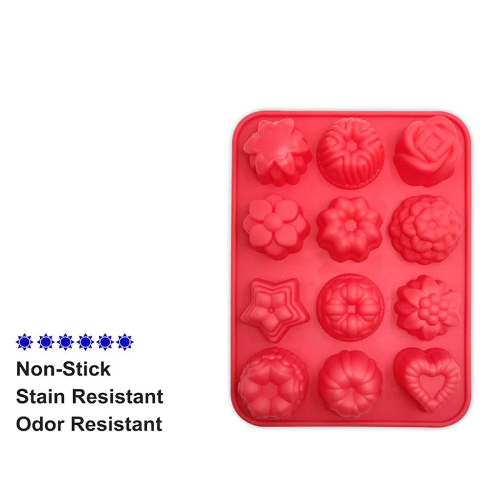 3-Pack Flower Silicone Non-Stick Baking Molds - 12-Cavity Muffin Pan for Cakes, Jelly, Pudding, Chocolate & Cupcakes | Heart & Flower Shaped Bakeware in Blue, Green & Red | Perfect for Birthday Parties, Wedding Desserts & Holiday Baking