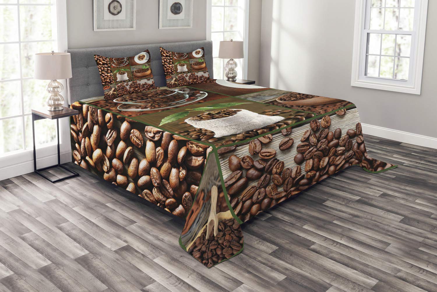 Ambesonne 3-Piece King Size Brown Bedspread Set with Coffee Beans & Green Leaves Design, Includes Coverlet and 2 Pillow Shams – Perfect for Cozy Bedrooms, Farmhouse Decor, and Coffee Lover Gifts