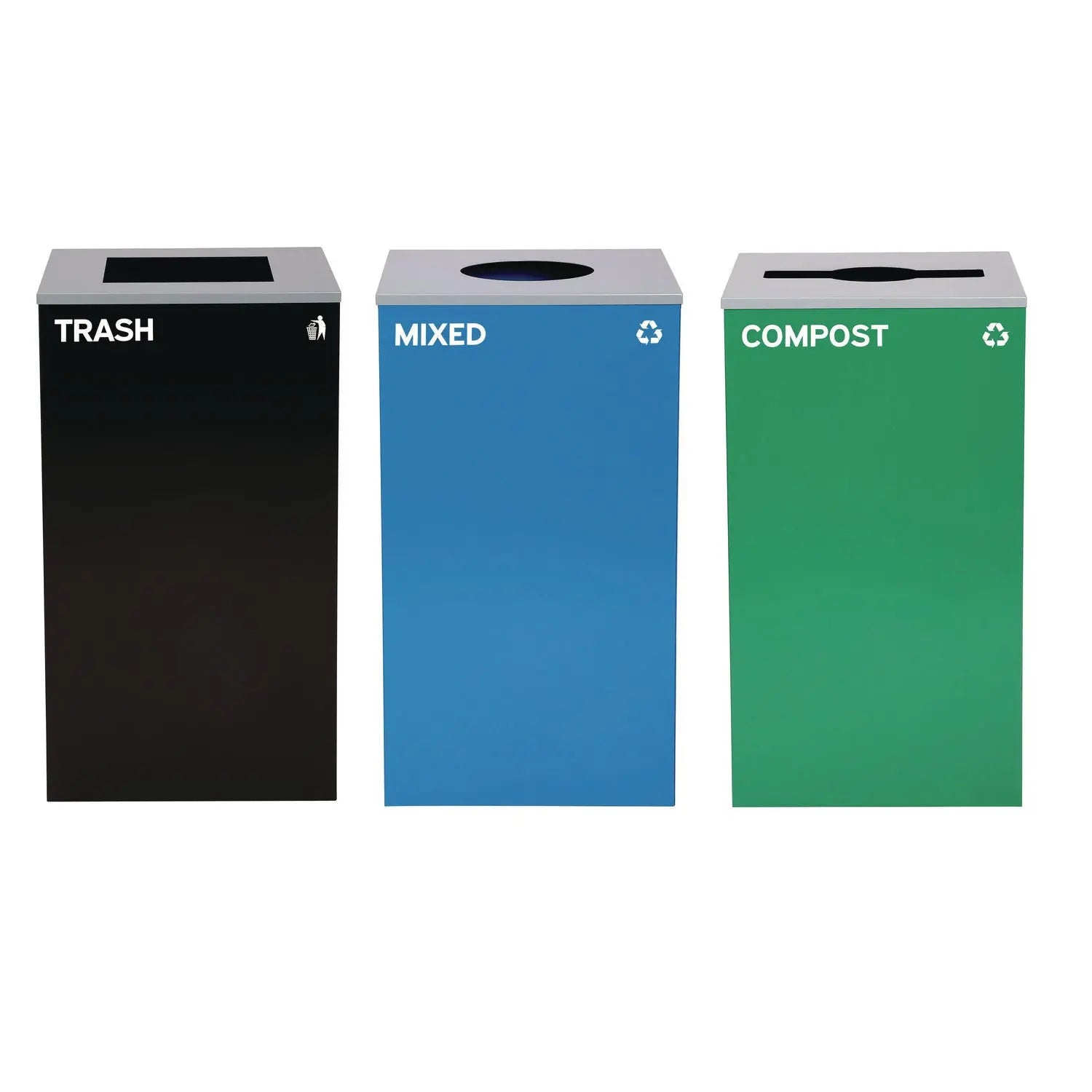 Alpine Industries 29 Gallon Steel Trash & Recycling Cans Set - Blue Mixed Recycling Bin with Circle Lid, Green Compost Bin with Mixed Lid, Black Trash Can with Square Lid - Perfect for Kitchen, Office & Outdoor Waste Management