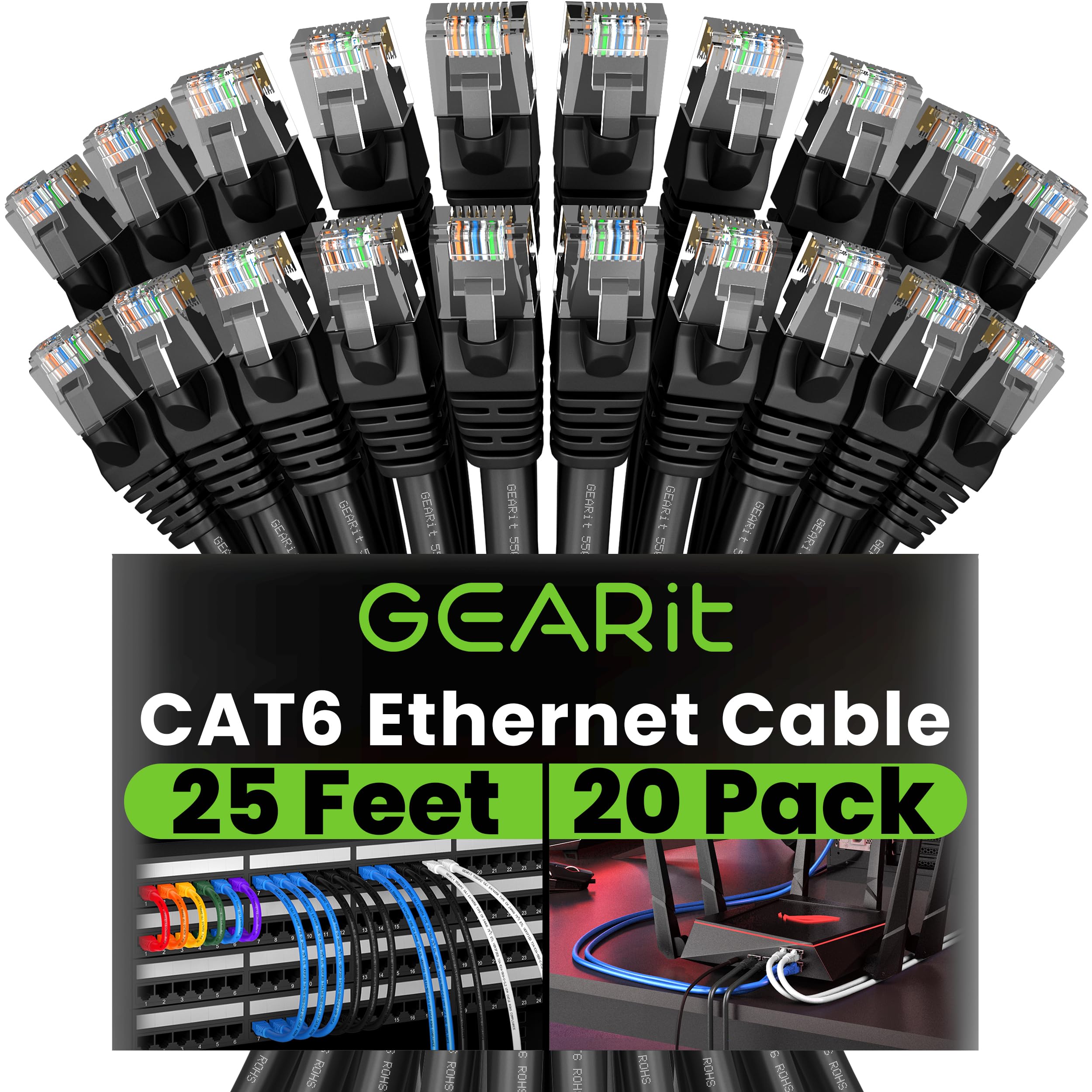 GearIT Cat 6 Ethernet Cable 20-Pack (25 Feet) - 10Gbps High-Speed Snagless RJ45 Network Patch Cord with Gold-Plated Connectors - for PC, Laptop, TV, Router, Gaming, Home Office & Data Center Networking - Black