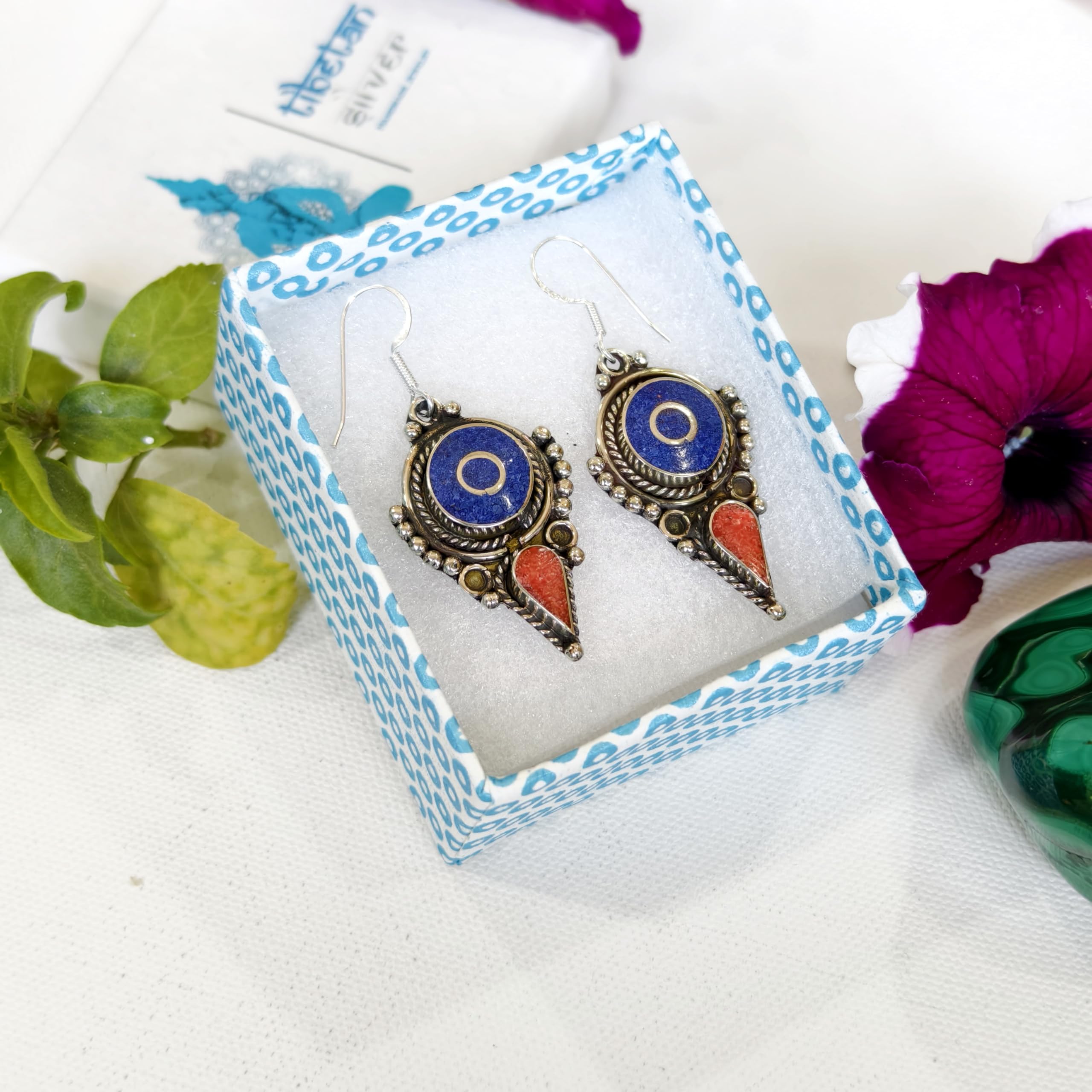 Handmade Coral & Lapis Lazuli Drop Earrings for Women - 925 Silver Plated Ethnic Designer Jewelry - Perfect Gift for Birthday, Anniversary & Special Occasions
