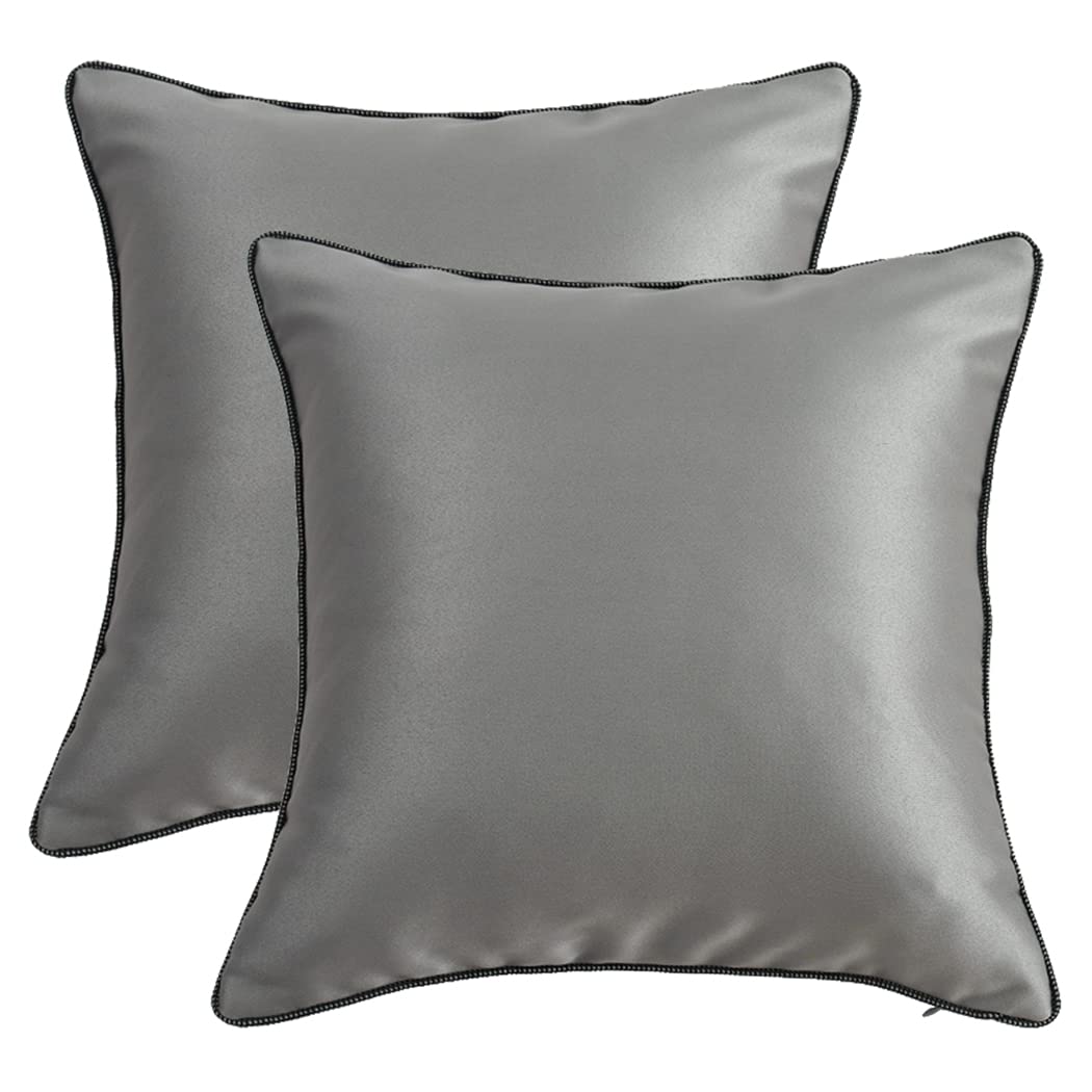 King Protea Silver Grey Decorative Throw Pillow Covers - Soft Heavy Satin Fabric with Black & White Piping - 18x18 Inch (45x45cm) Square Cushion Cases for Sofa, Couch, Bed & Chair - Pack of 2 - Perfect for Living Room Decor, Bedroom Accents & Home Styling