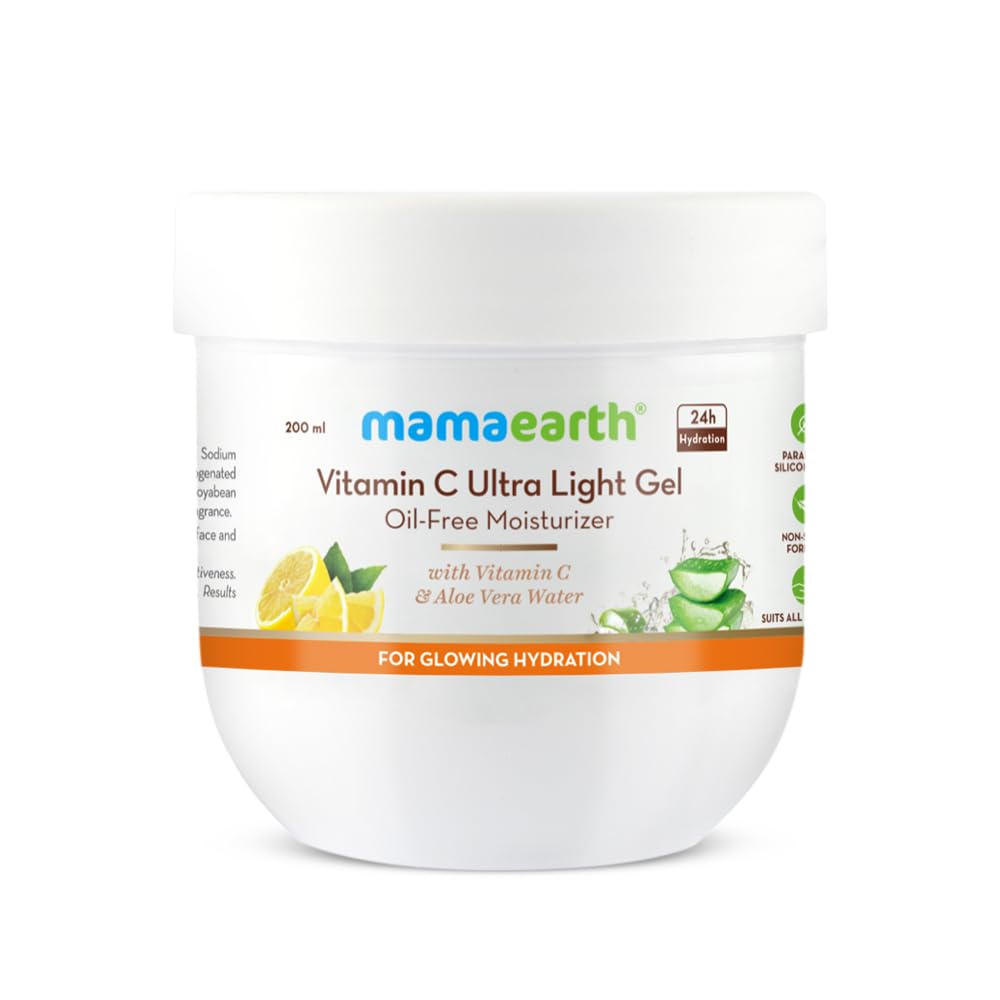 Mamaearth Vitamin C Ultra Light Gel Oil-Free Face Moisturizer with Aloe Vera Water for Glowing Hydration - 200ml | Daily Skincare for Dry & Sensitive Skin | Perfect for Morning & Night Routine