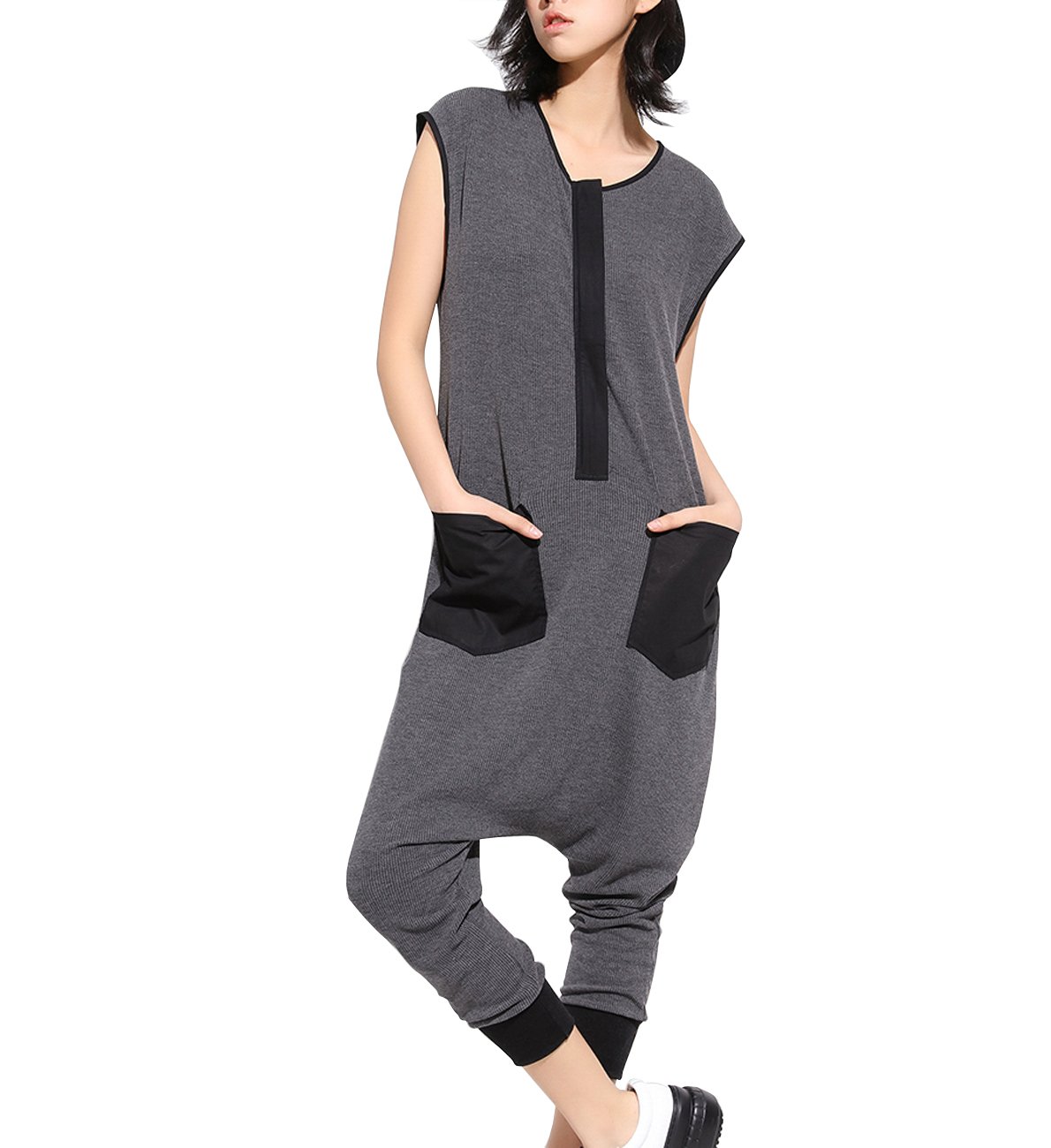 EllaZhu Women's Black Harem Pants Romper - Sleeveless Drop Crotch Jumpsuit for Summer | Casual Outfit, Streetwear, Yoga & Lounge Wear (Style GY867)