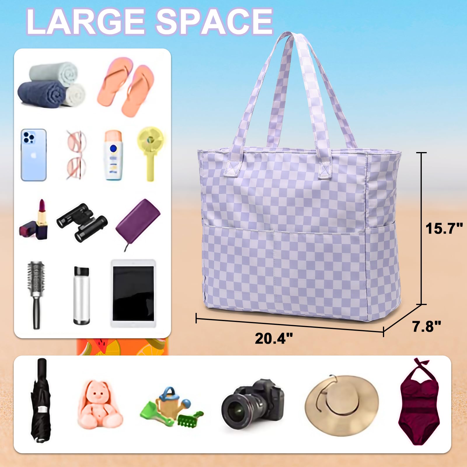 LEDAOU Large Waterproof Beach Tote Bag for Women - Sandproof Zippered Pool Bag with Wet Pocket - Perfect for Beach, Gym, Grocery Shopping & Travel Accessories