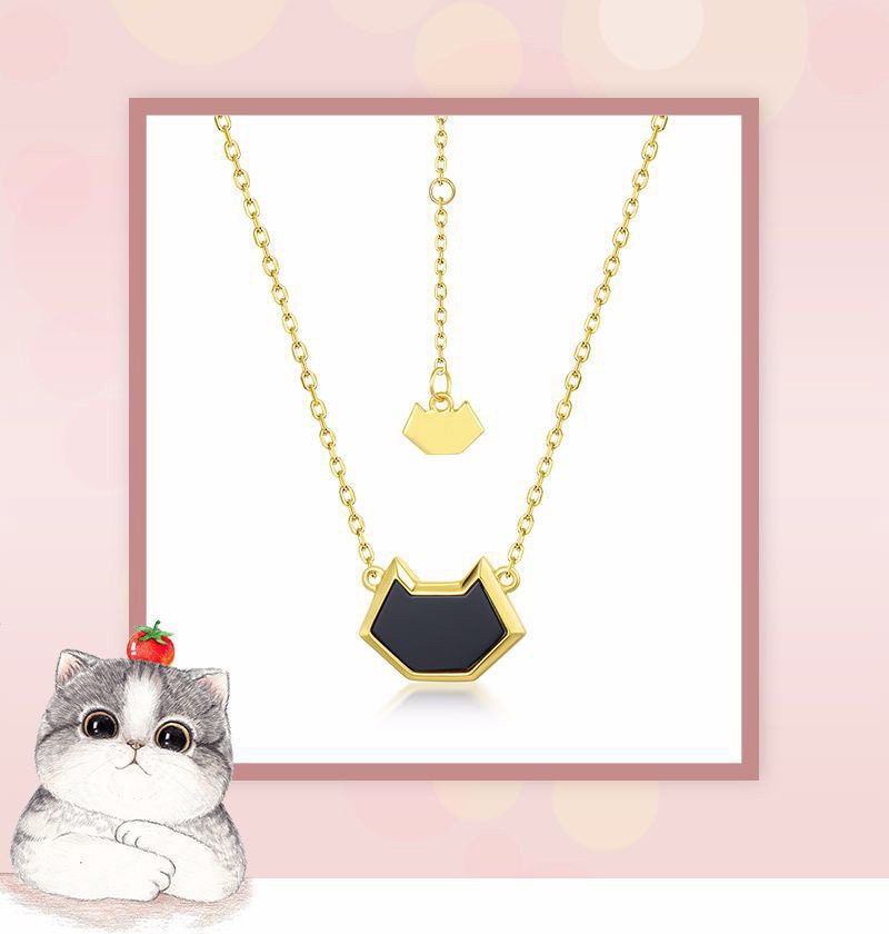 Natural Black Onyx Cat Pendant Necklace - 14K/18K Yellow Gold Vintage Jewelry - Unique Personalized Owl Charm Gift for Daughter - Perfect for Birthdays, Anniversaries & Special Occasions