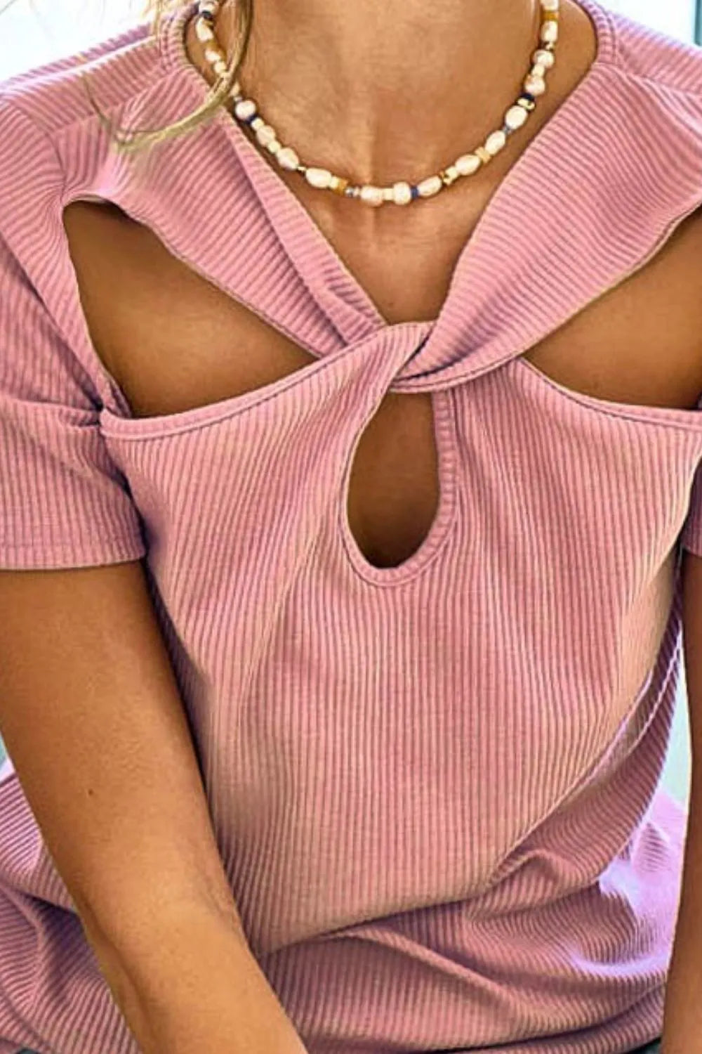 BiBi Rib Knit Cut Out Front Twist Detailed Top - Stylish Women's Fashion for Casual Outings & Date Nights