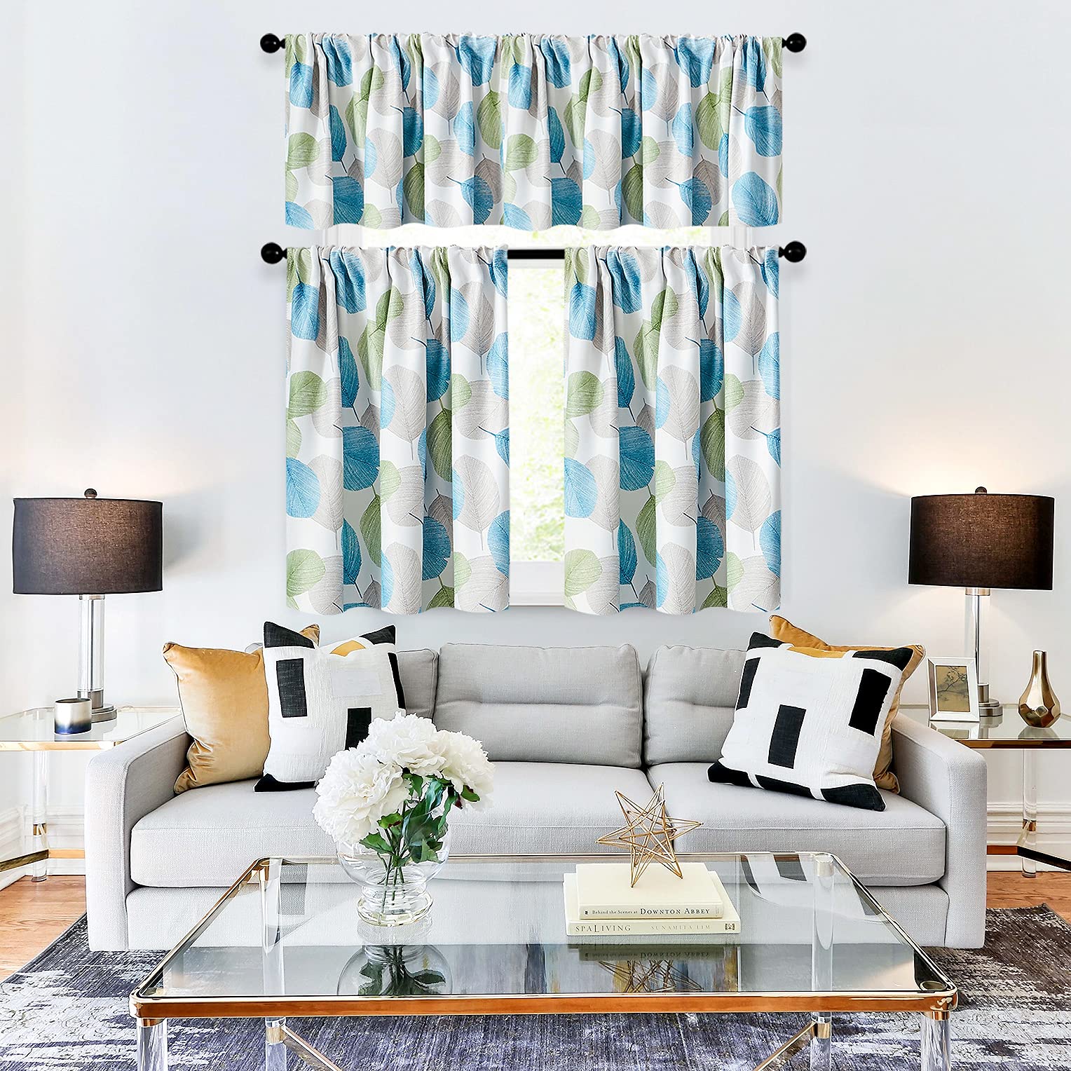 MRTREES Blackout Tier Curtains for Kitchen & Bathroom - 34x24 Inch Short Cafe Curtains with Leaves Print, Triple Weave Window Panels, Rod Pocket Design - Perfect for Basement, Bedroom & Small Windows (2 Panels, Green) - Ideal for Privacy, Light Control & Home Decor