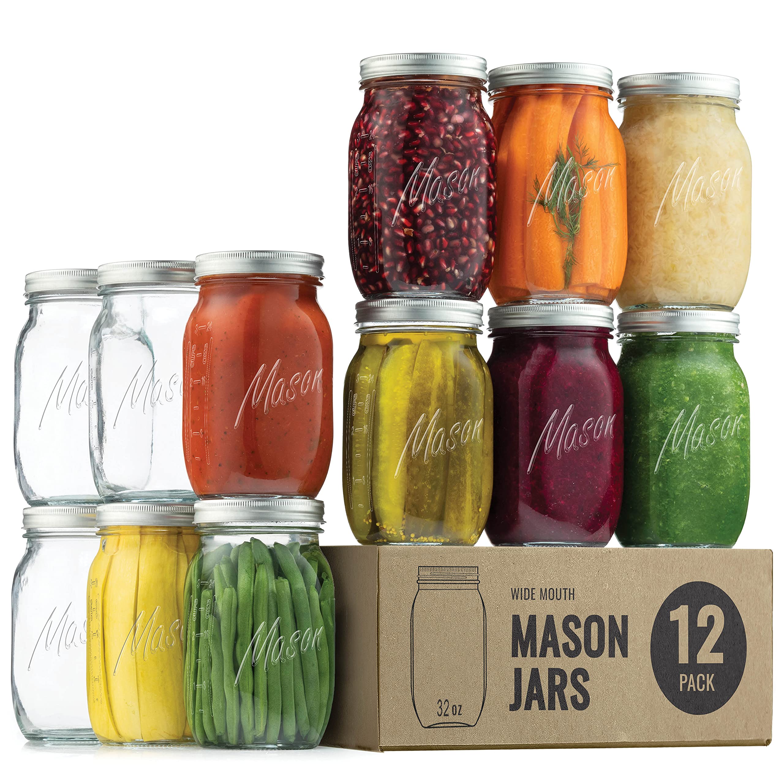 Paksh Novelty 32 oz Mason Jars 12-Pack - Airtight Glass Food Storage Containers for Pickling, Canning, Jam, Jelly & Fruit Preserves - Perfect for Home Decor, Candle Making & Overnight Oats - Ideal for Kitchen, Pantry & DIY Projects